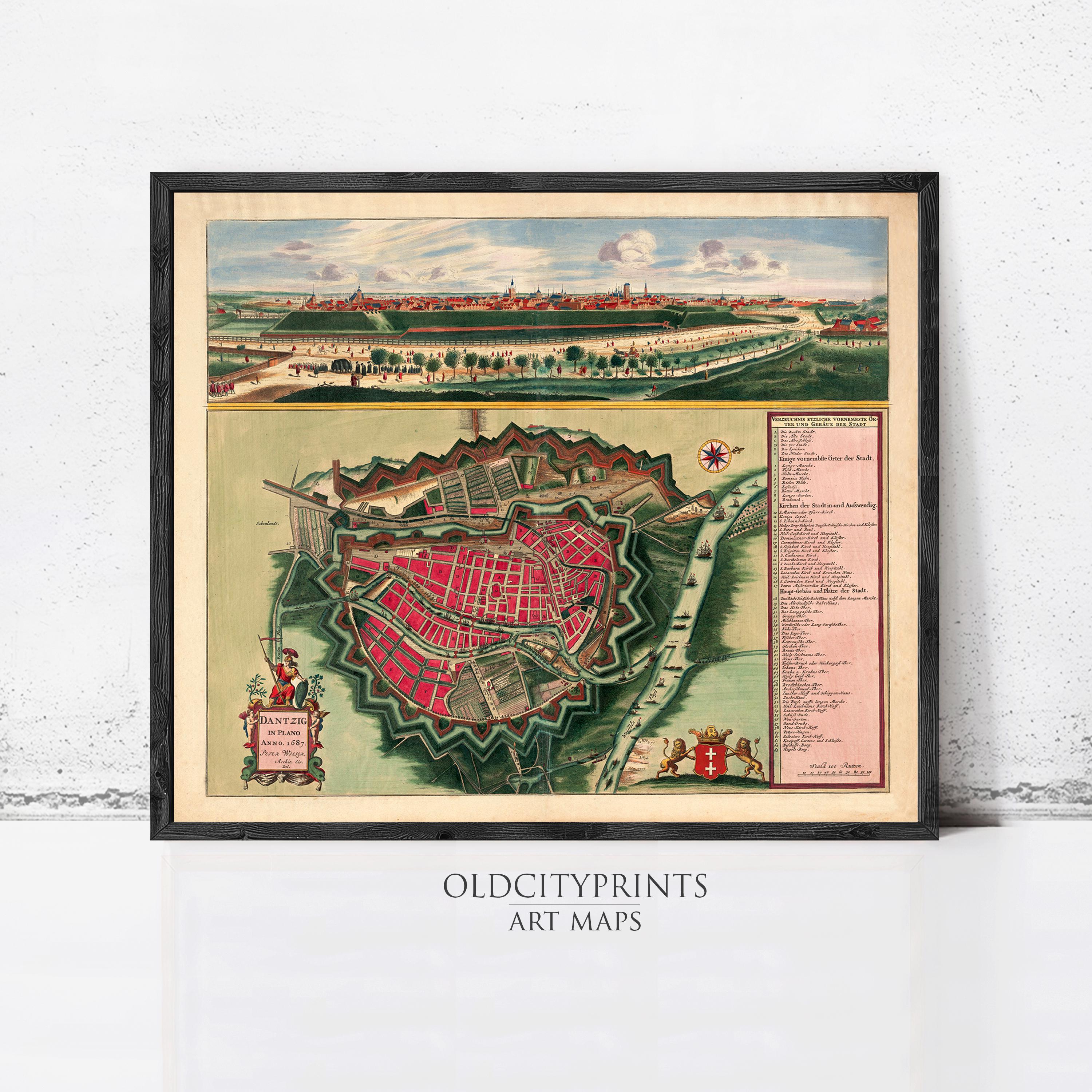 The image is a framed vintage map of a city, depicting a detailed layout of the city's streets, buildings, and surrounding landscape.