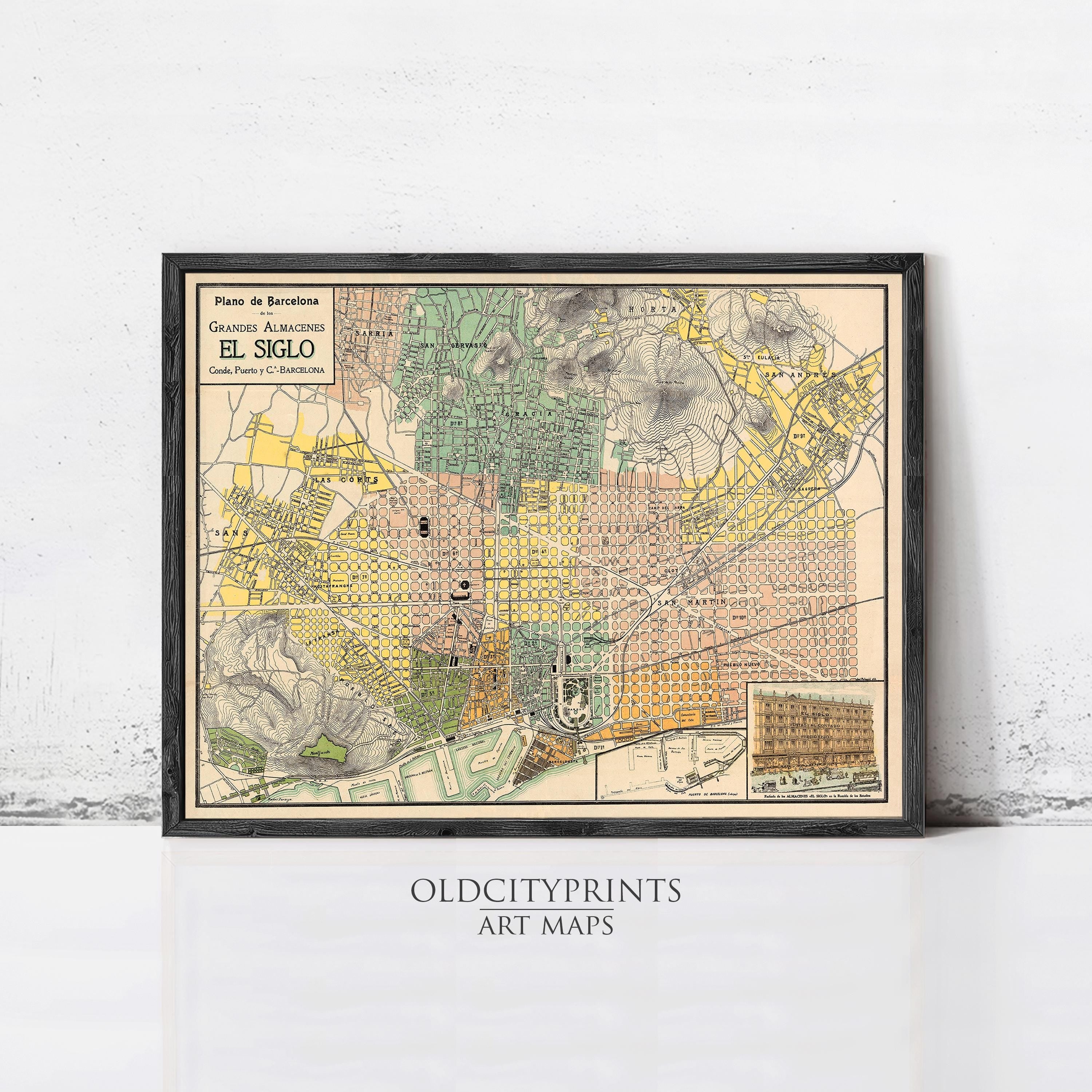 The image is a framed vintage map of Barcelona, Spain, depicting the city's streets, landmarks, and surrounding areas.