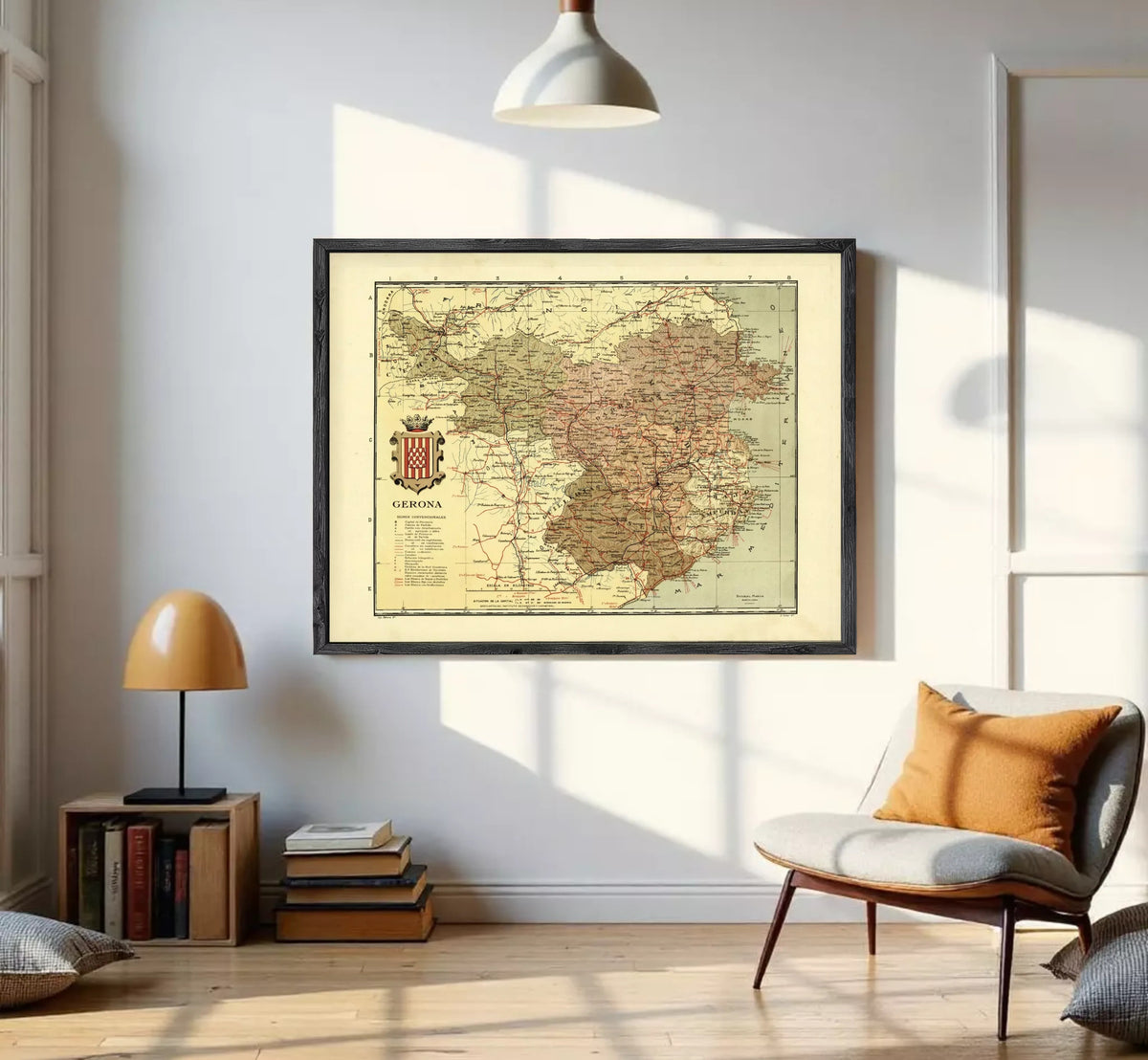 The image is a framed vintage map of the region of Gerona, showing various geographical features and locations.