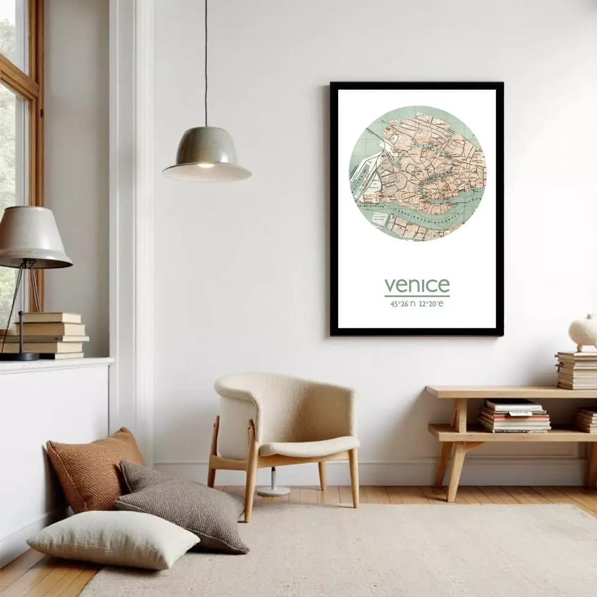 The image is a framed poster depicting a map of Venice, Italy, with the city's streets and landmarks clearly visible.