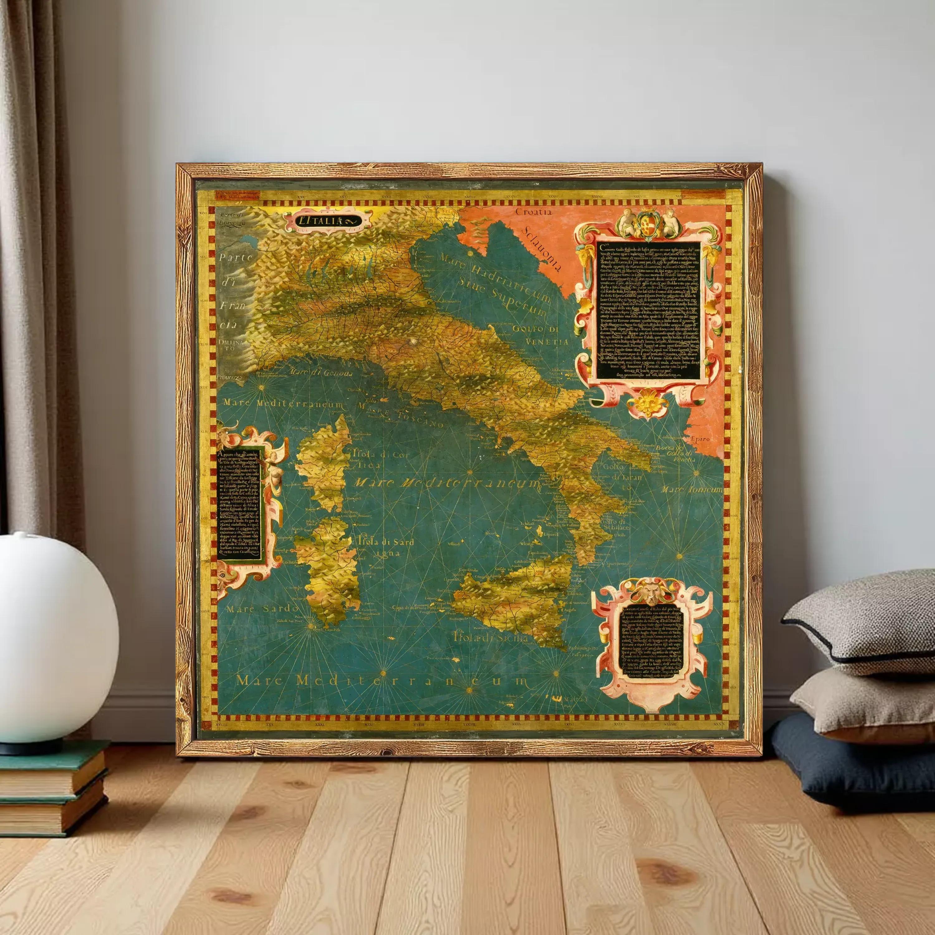 The image is a framed map of Italy, with a decorative border and ornate details.