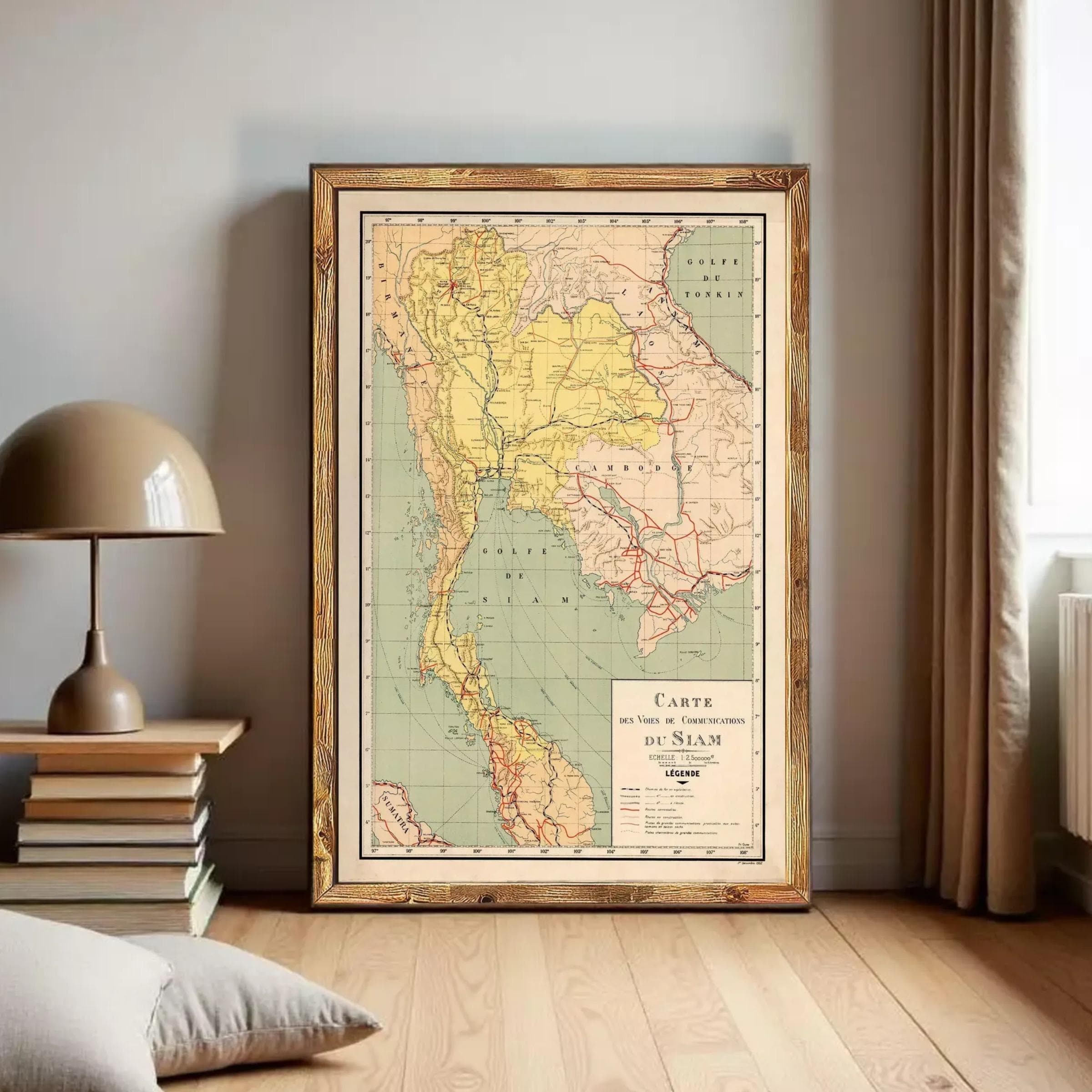 a large framed map of Thailand, with a vintage style and a wooden frame.
