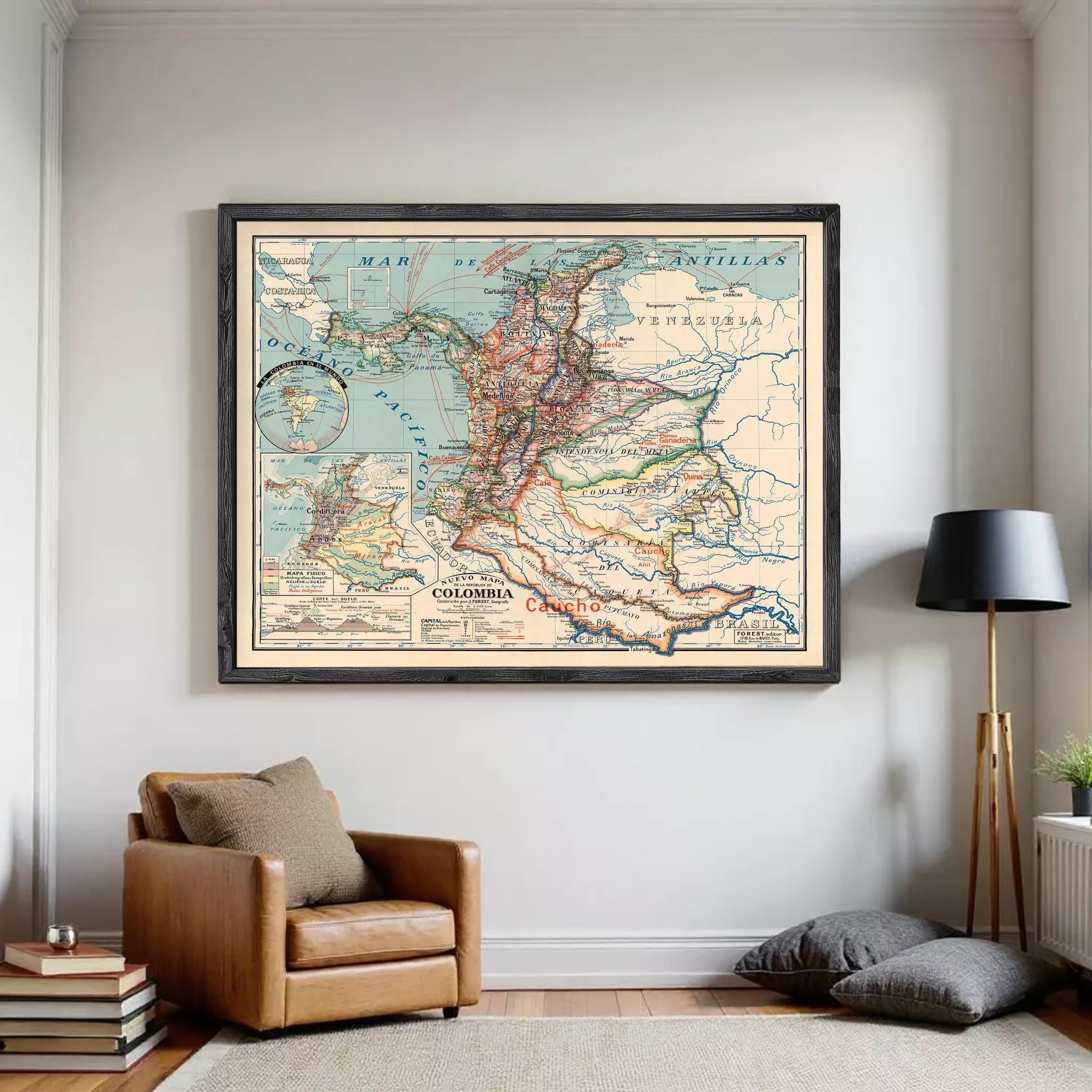 The image is a framed vintage map of South America, specifically focusing on Colombia.