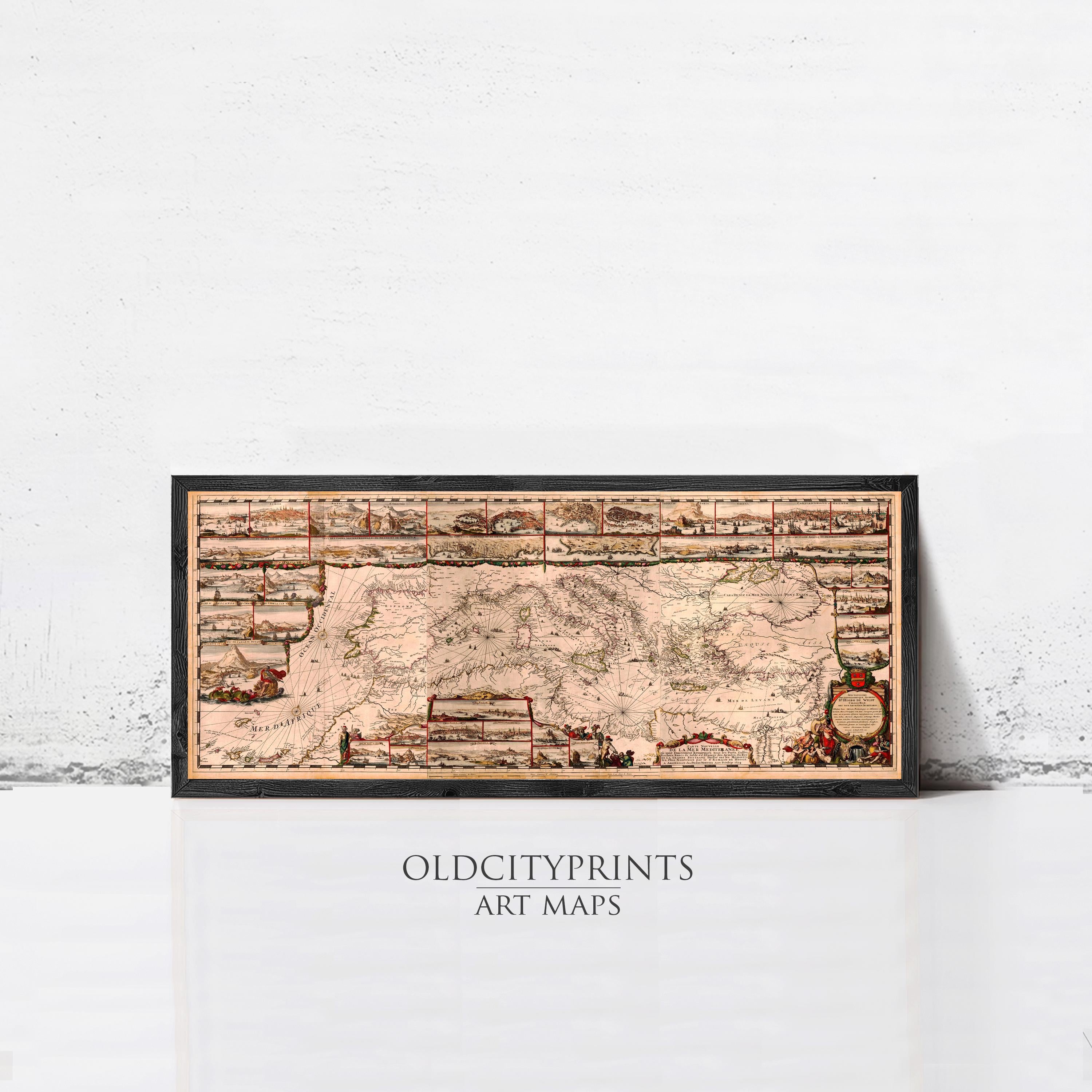 The image is a framed art print depicting a map of Europe and the surrounding areas.