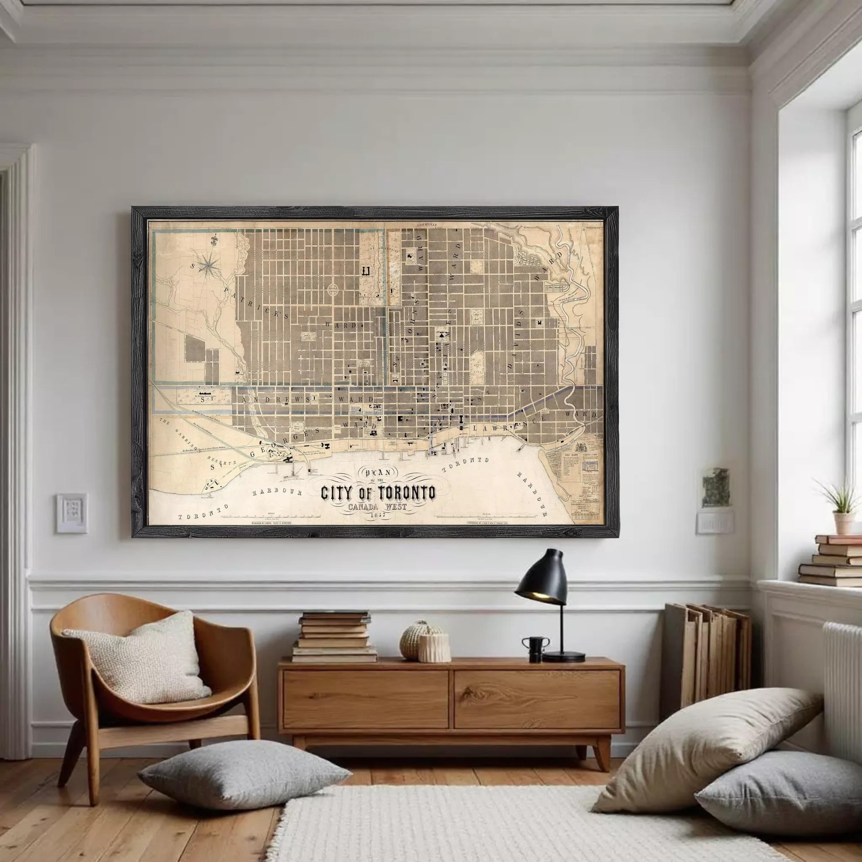 A framed map of Toronto, Canada, depicting the city's streets and landmarks.