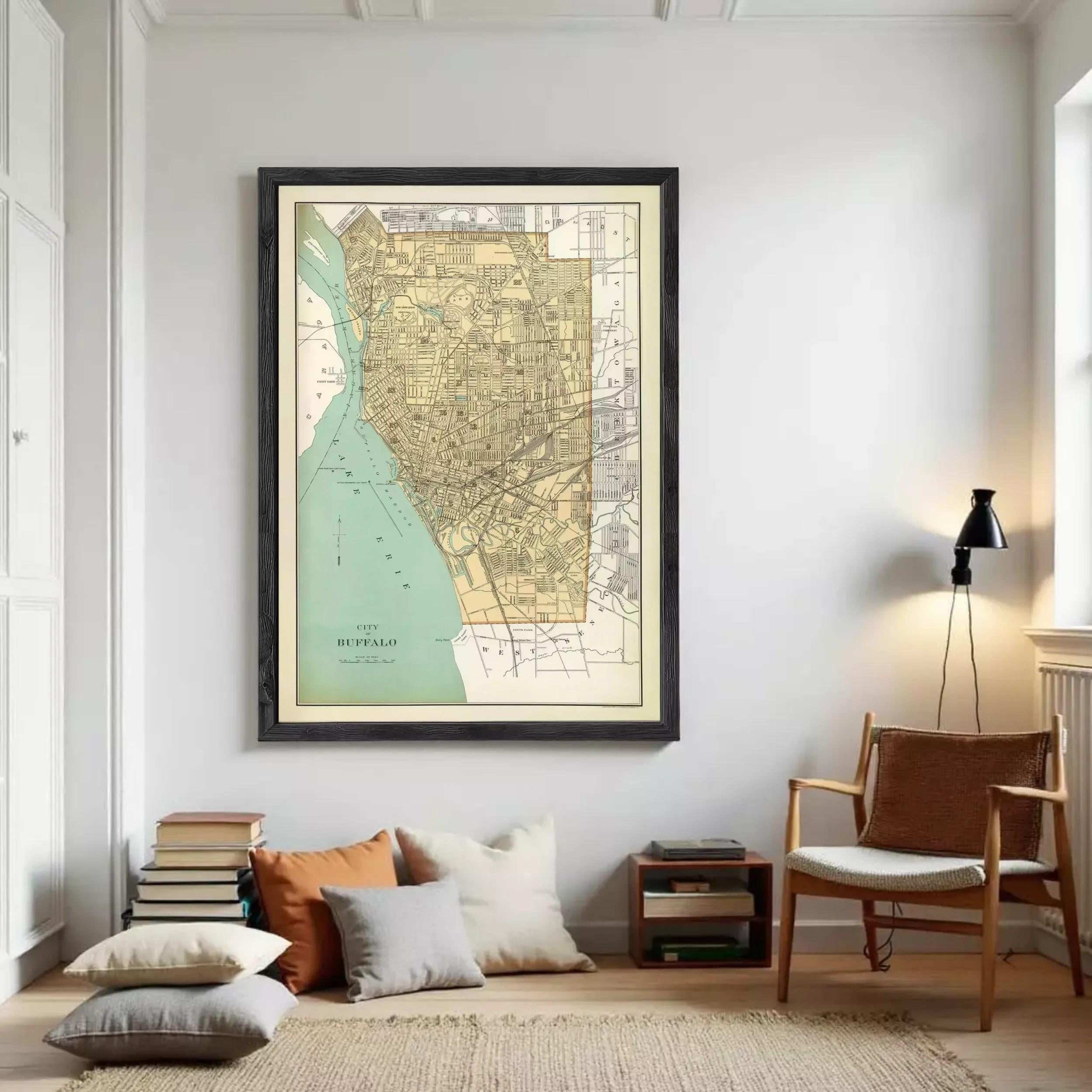 The image is a framed vintage map of Buffalo, New York, depicting the city's layout and surrounding areas.
