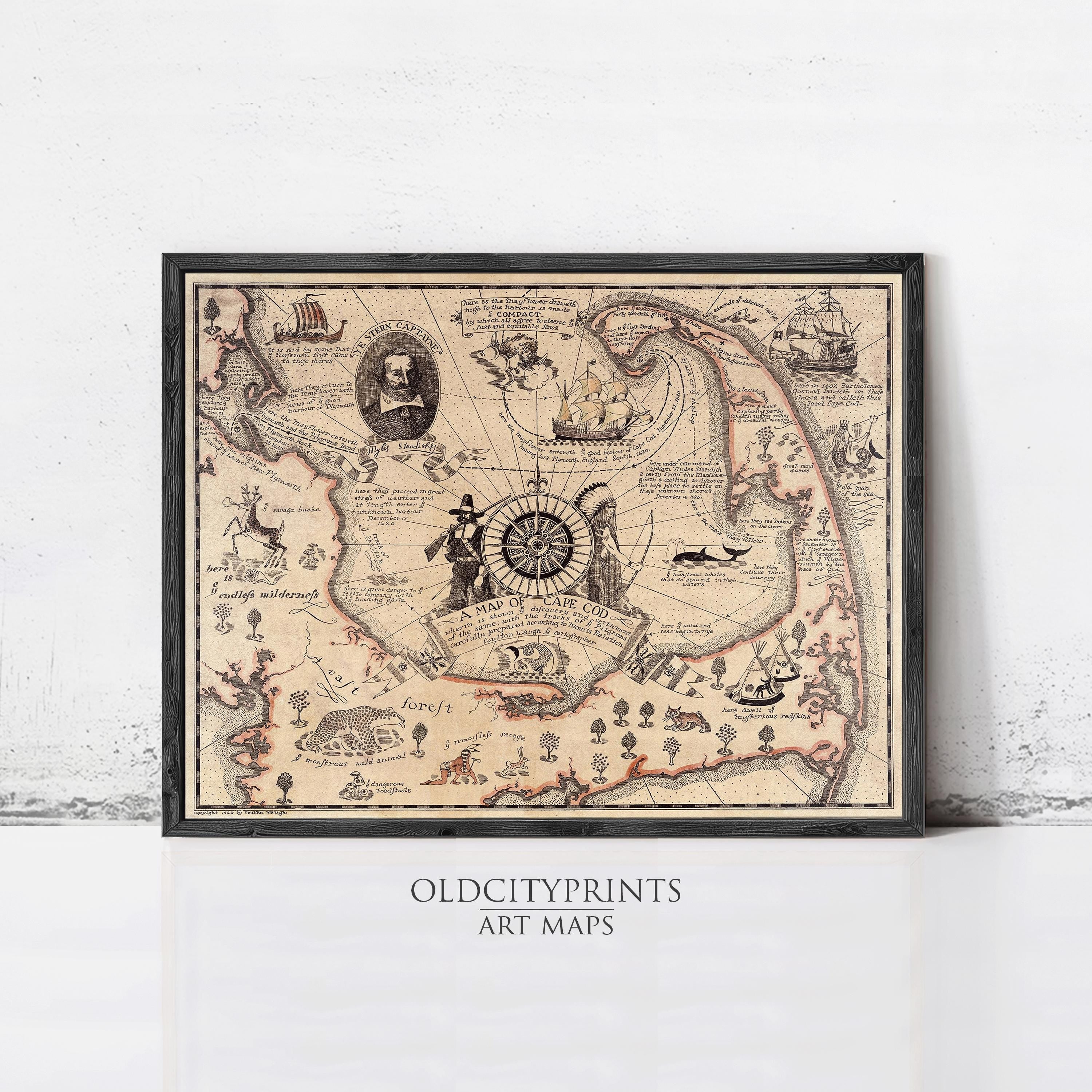 The image is a framed art print depicting a detailed map of the Cape Cod region, including various landmarks and geographical features.