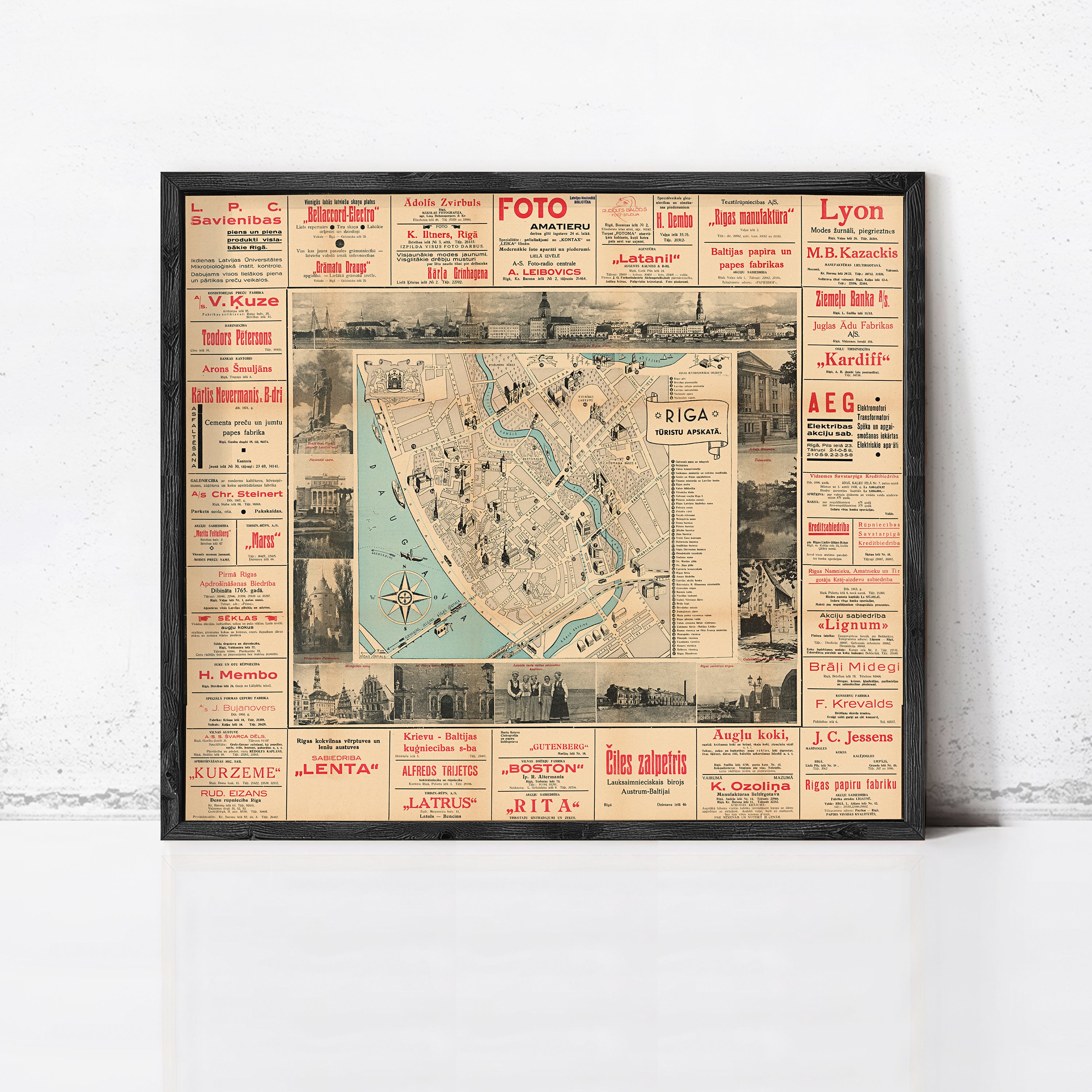The image is a framed vintage map of Lyon, France, featuring various landmarks and locations within the city.