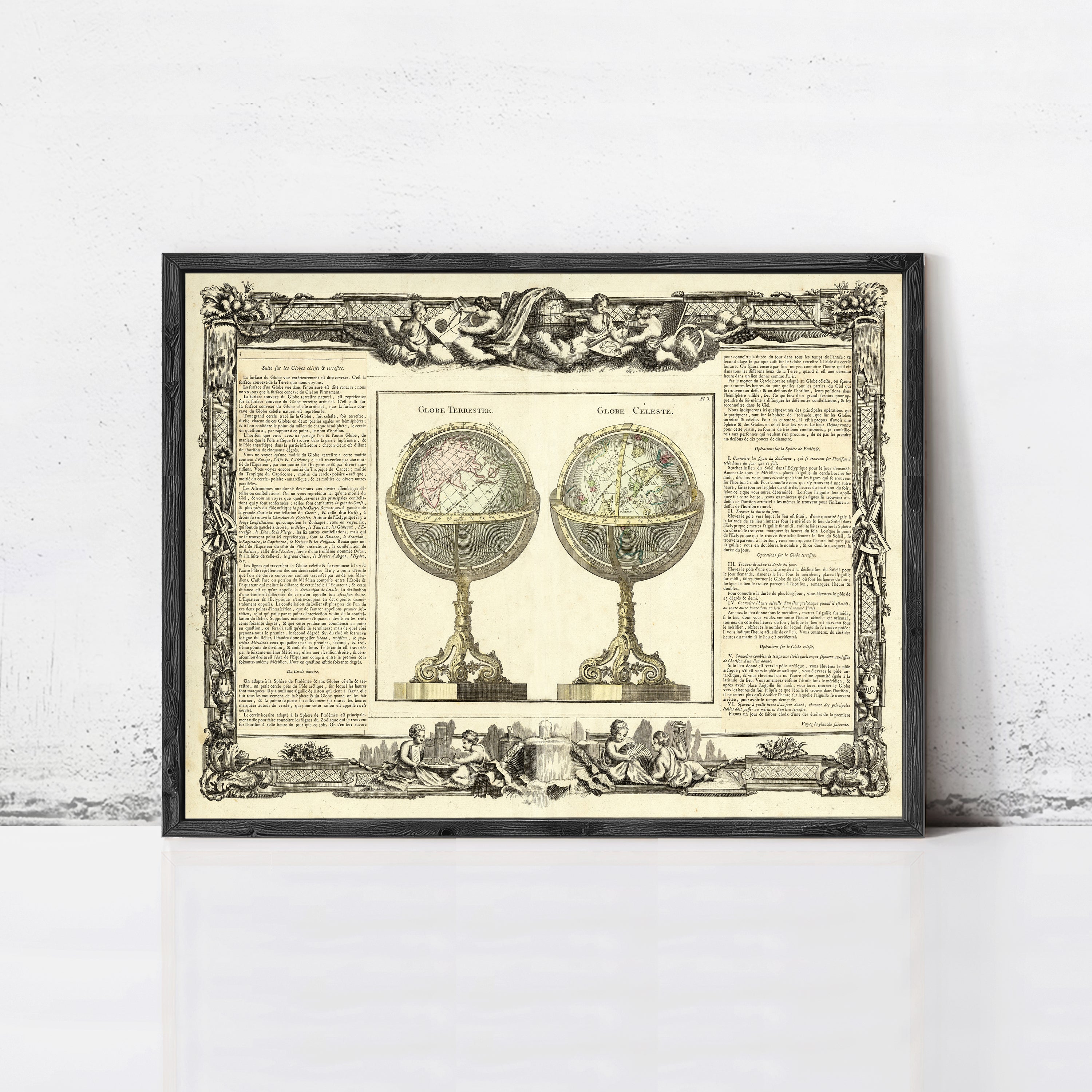 The image is a framed print featuring two antique globes, one with a pinkish hue and the other with a greenish tint. The globes are placed on ornate stands, and the frame is decorated with intricate designs and text.