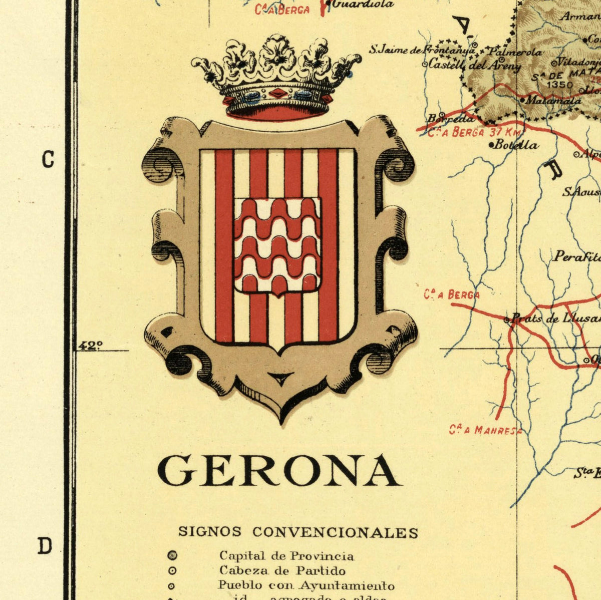 The image is a map of Gerona, Spain, with a coat of arms prominently displayed in the center. The coat of arms is a shield with a crown at the top and a wavy pattern in red and white. The map includes various locations and landmarks, such as the city of Cádiz, the city of Palma, and the city of Batalha. The text on the map provides information about the city of Gerona, including its capital city, Cádiz, and its location within the country.