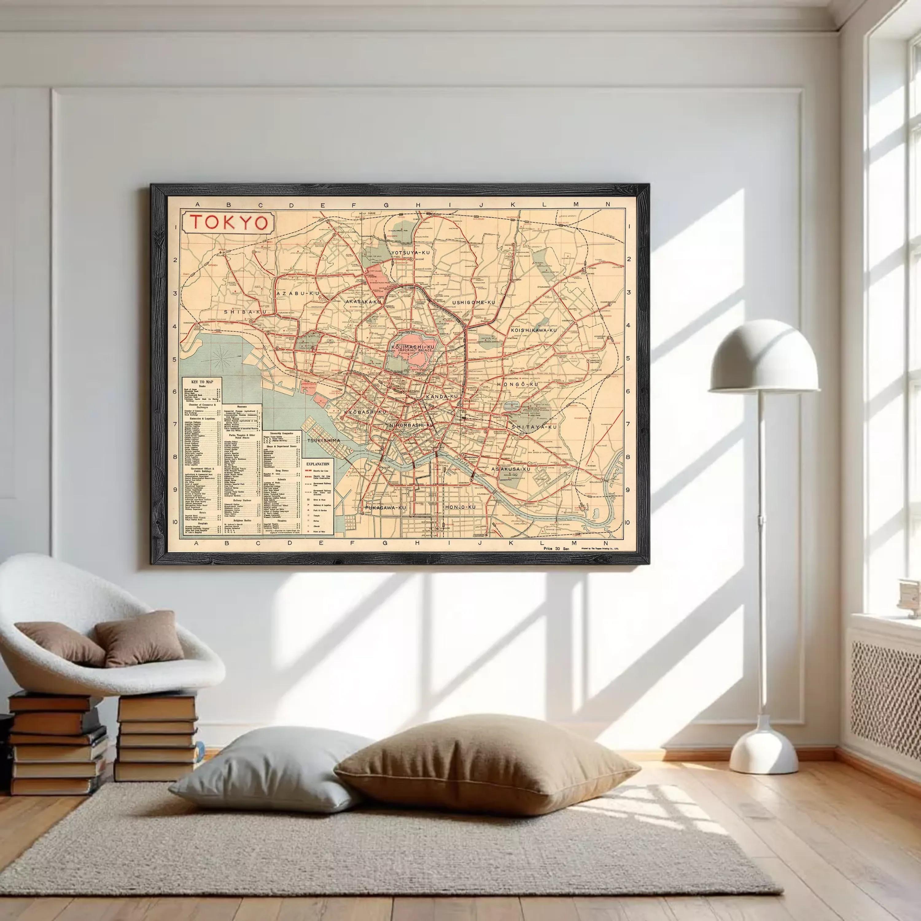 The image is a framed vintage map of Tokyo, Japan, depicting the city's streets and landmarks.