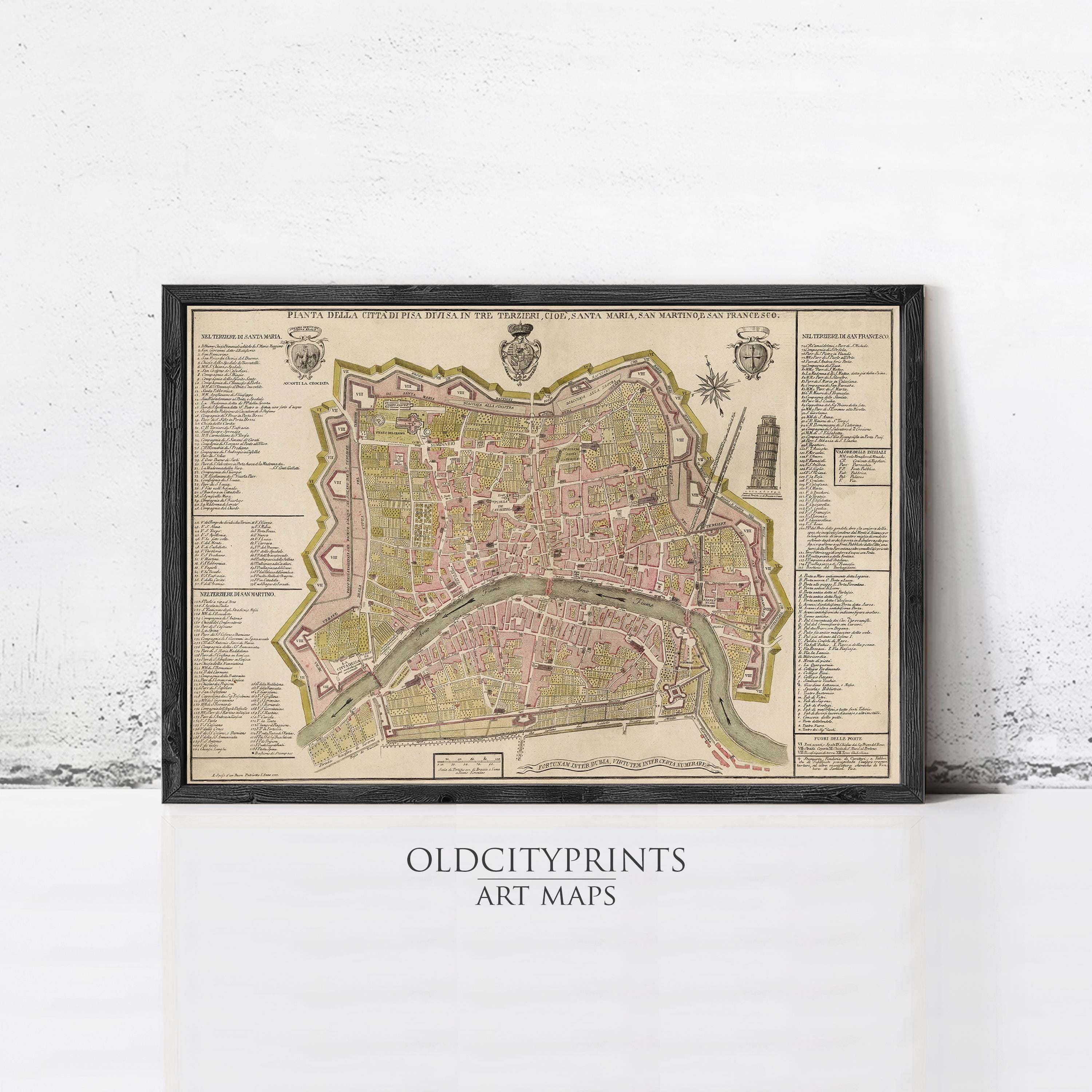 The image is a framed vintage map of a city, likely from the 16th century, with detailed labels and illustrations.