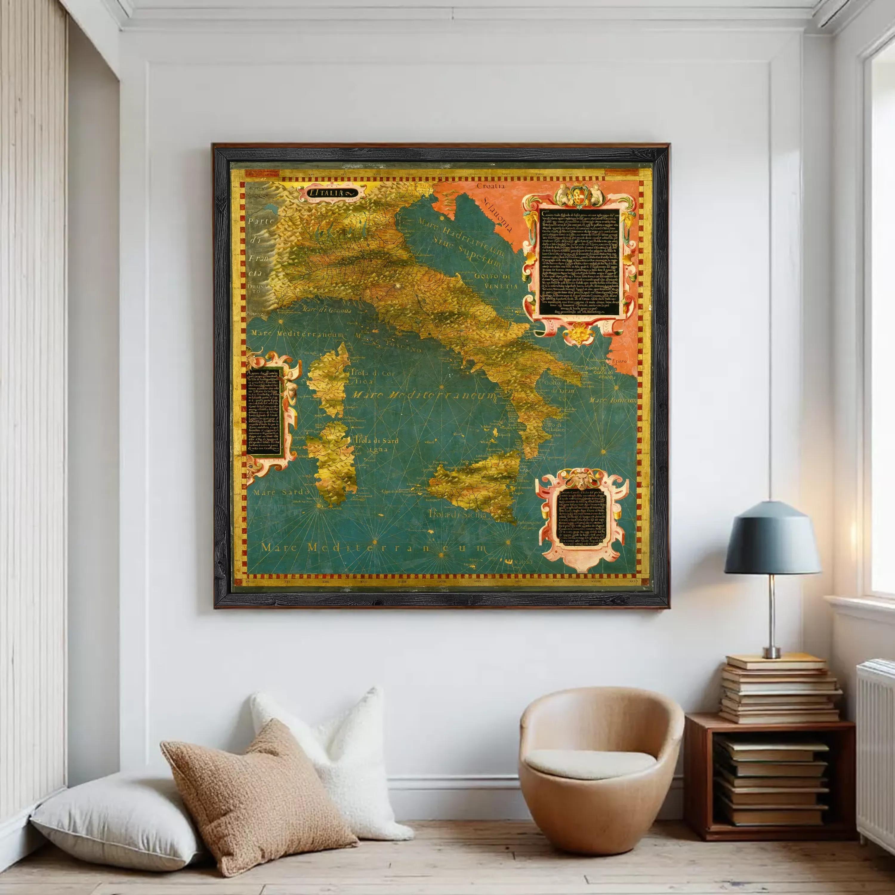 The image is a framed map of Italy, with a decorative border and ornate details.