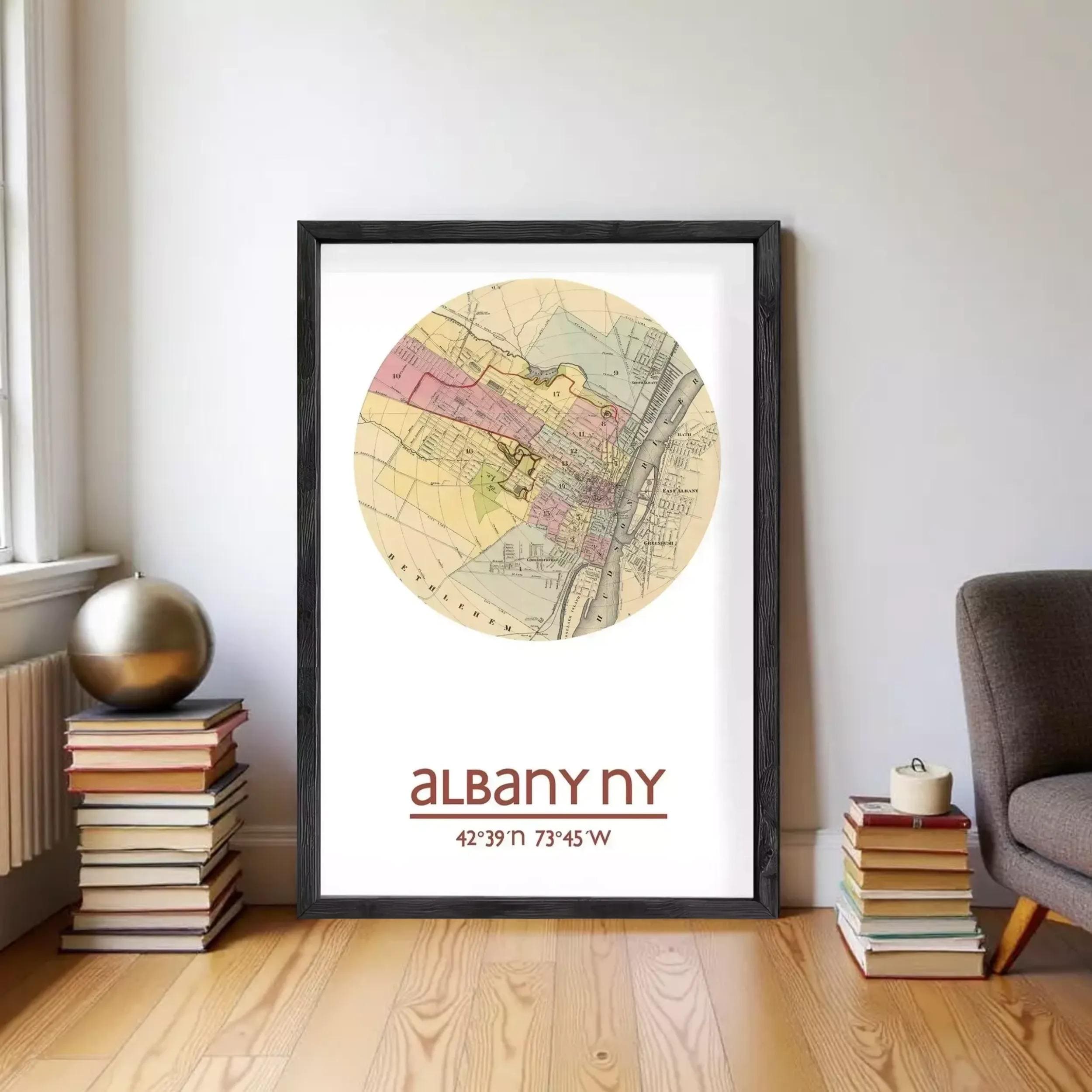 A framed map of Albany, New York, with the location coordinates (42.39, 0.73, 0.47, 0.77) and the text "albany ny" printed on it.