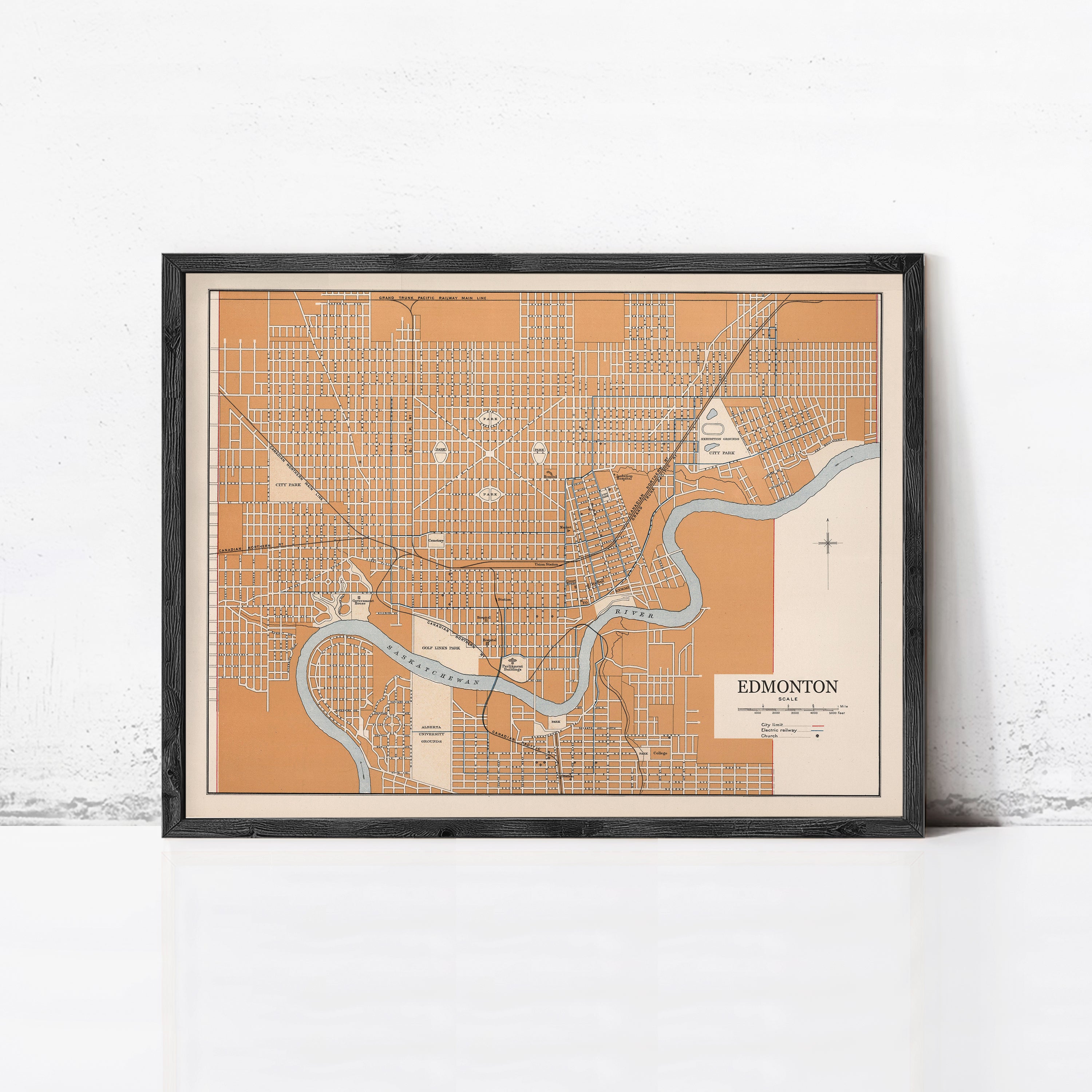 The image is a framed map of the city of Edmonton, Canada.