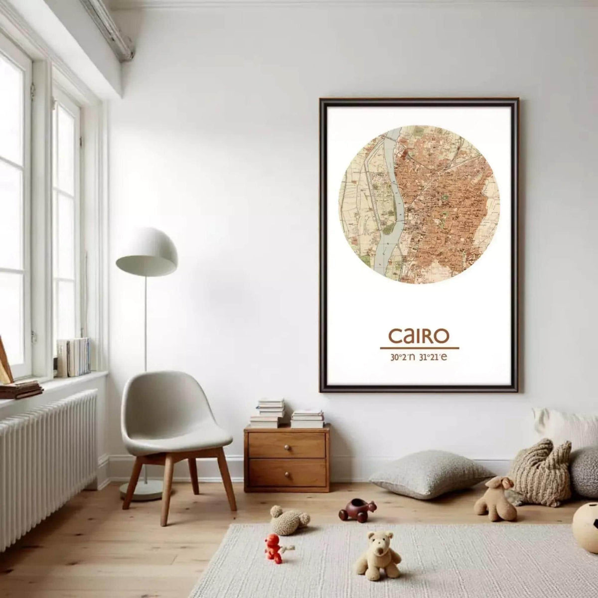 a cozy living room with a large framed map of Cairo hanging on the wall, a comfortable chair, a small table with books, and a teddy bear on the floor.