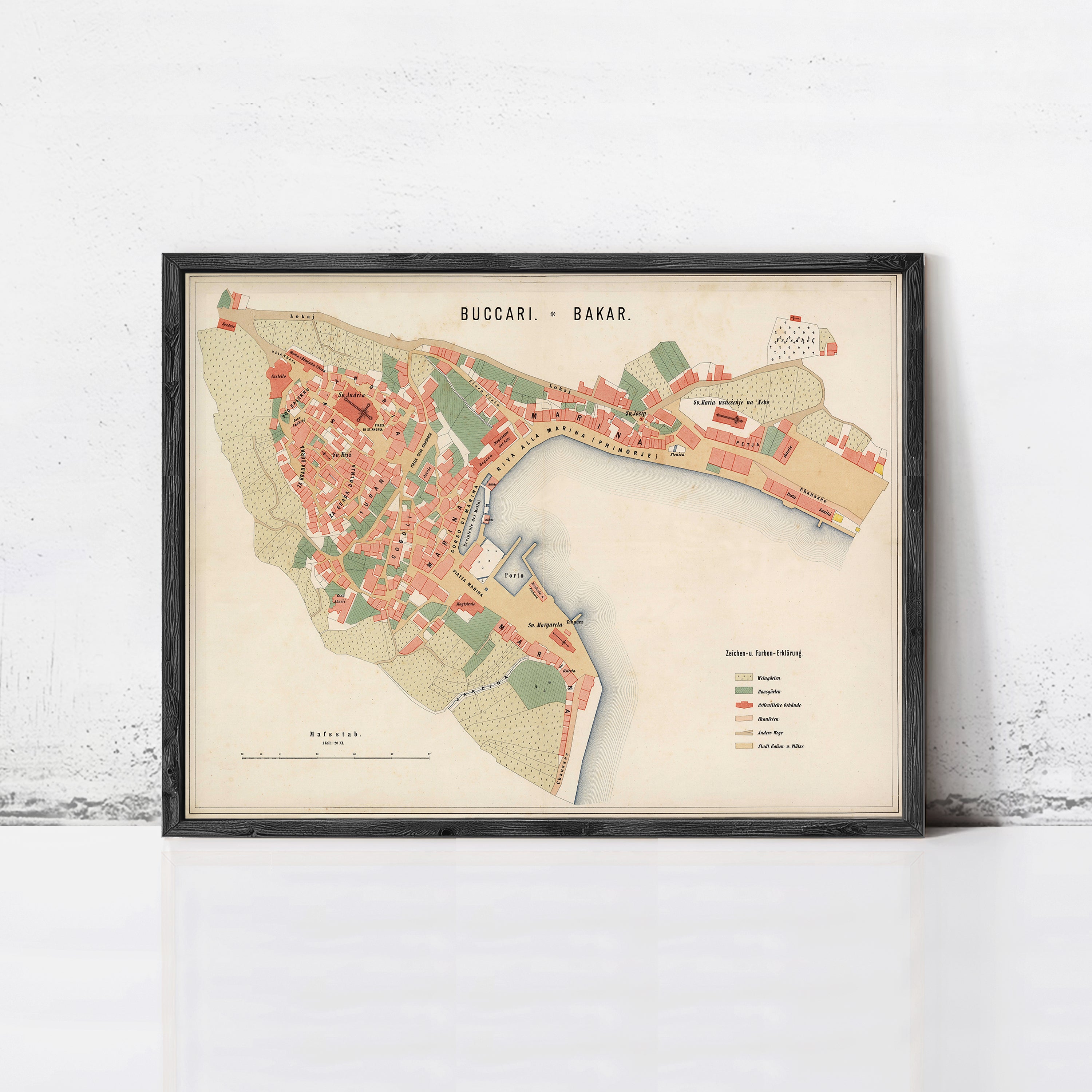 The image is a framed map of the city of Baku, Azerbaijan, showing the layout of the city and surrounding areas.