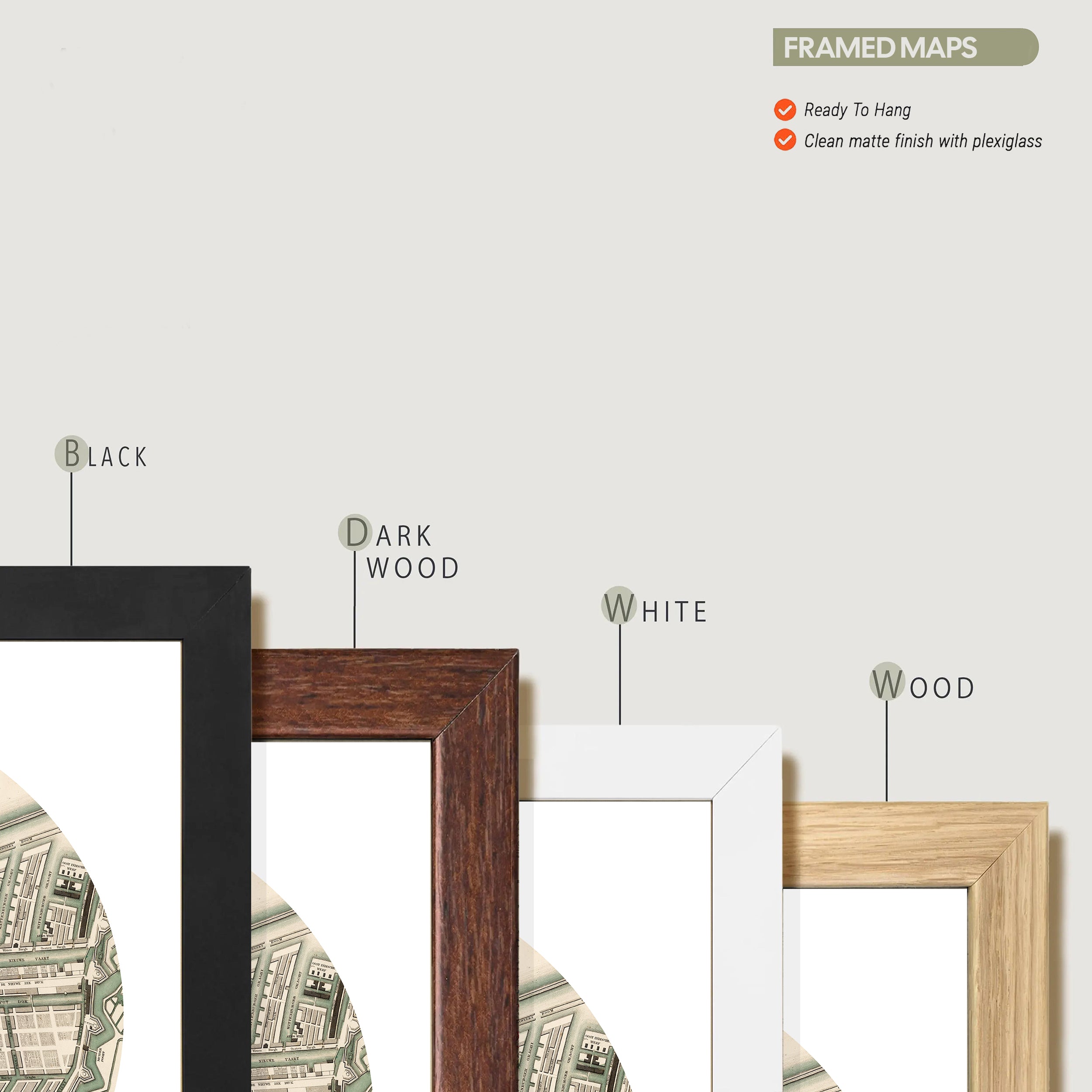 a collection of framed maps, each with a different frame color and style, including black, dark wood, white, and wood.