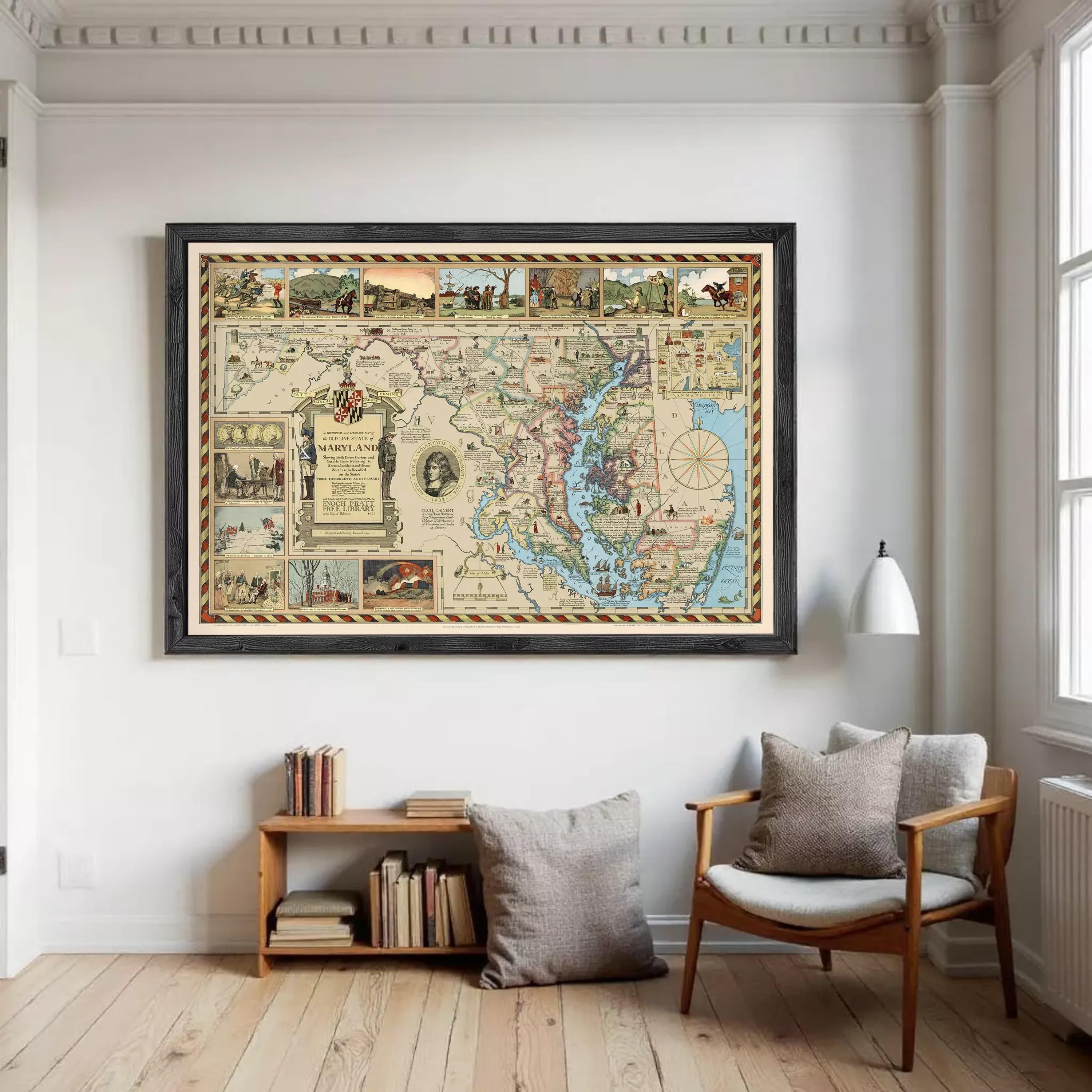The image is a framed vintage map of Maryland, featuring various illustrations and labels that provide geographical information about the state.