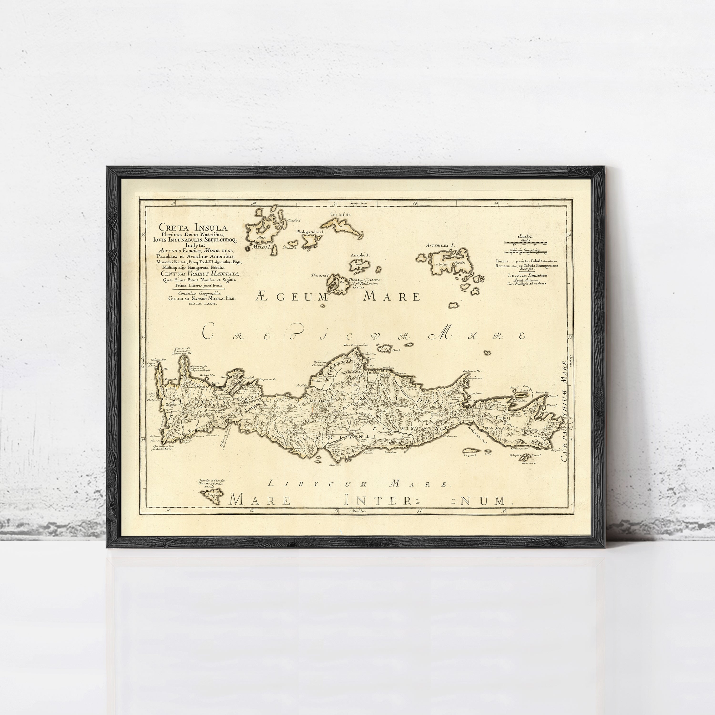 The image is a framed antique map of Crete, Greece, with detailed geographical information and labels.