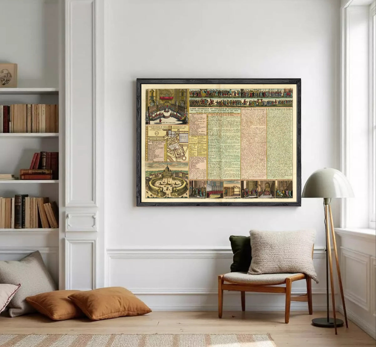 The image is a framed collage of various images, including a map, a list of people, and a series of photographs.