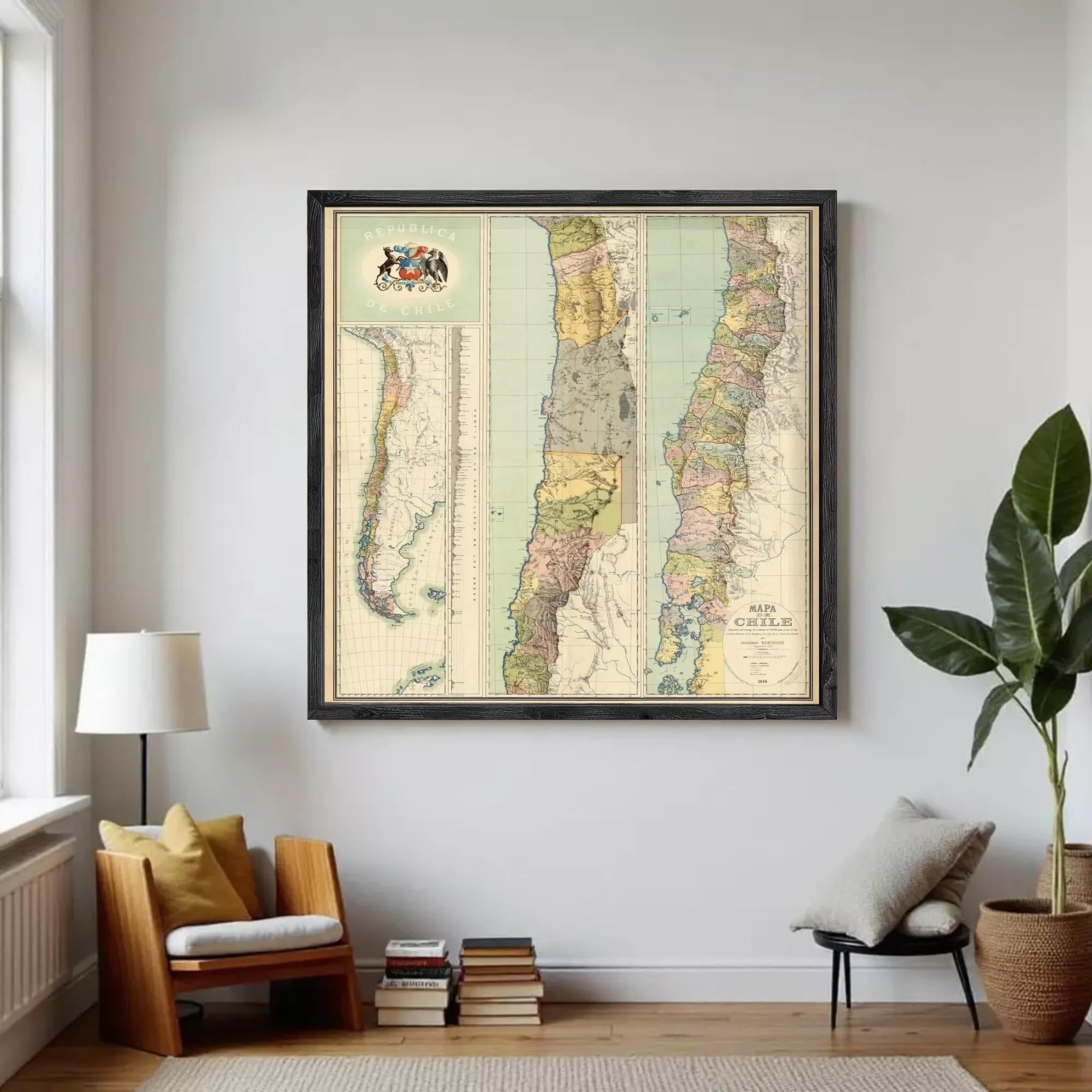 The image is a framed vintage map of Chile, depicting the country's geographical layout and boundaries.