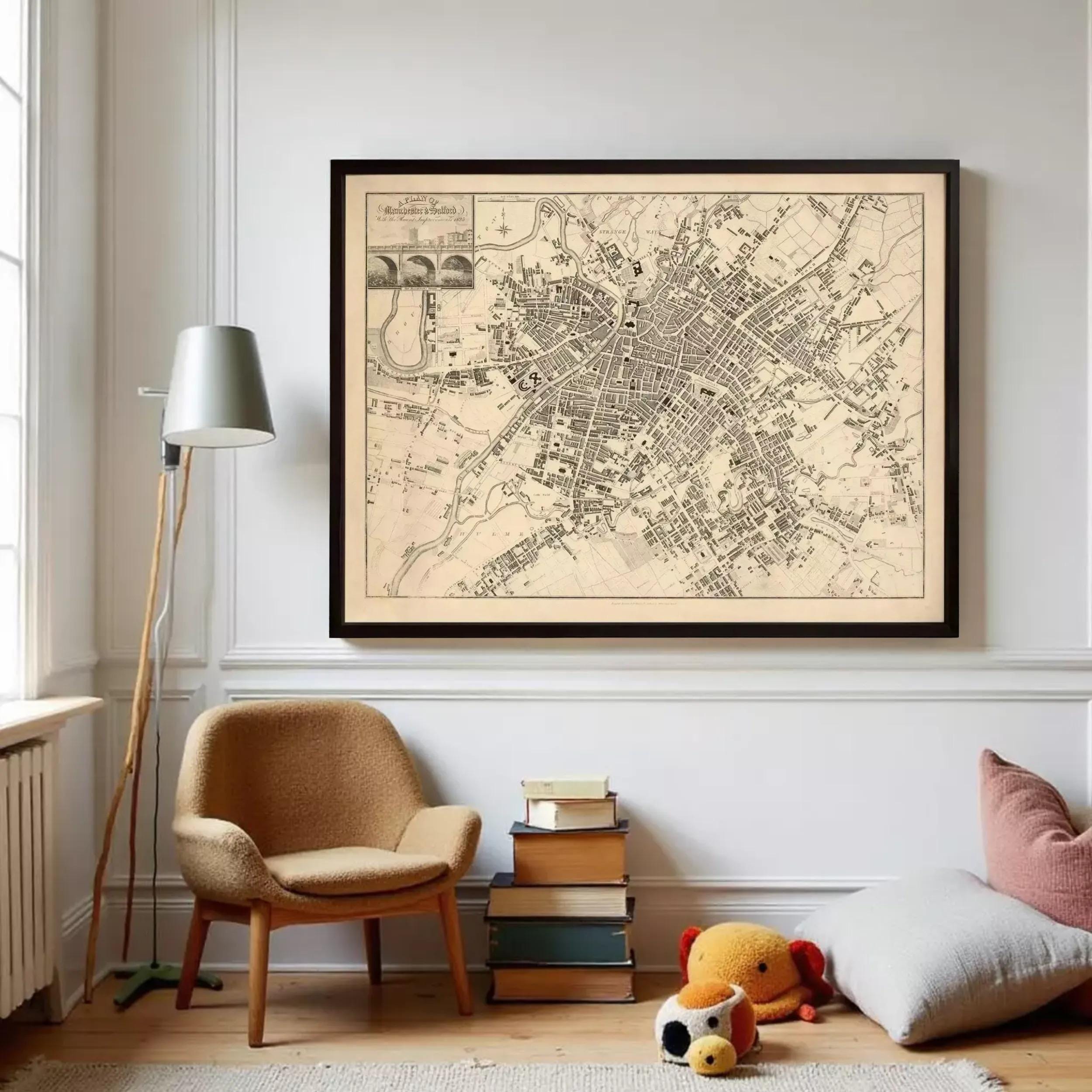 The image is a framed map of a city, likely a historical or geographical map, displayed on a white wall.