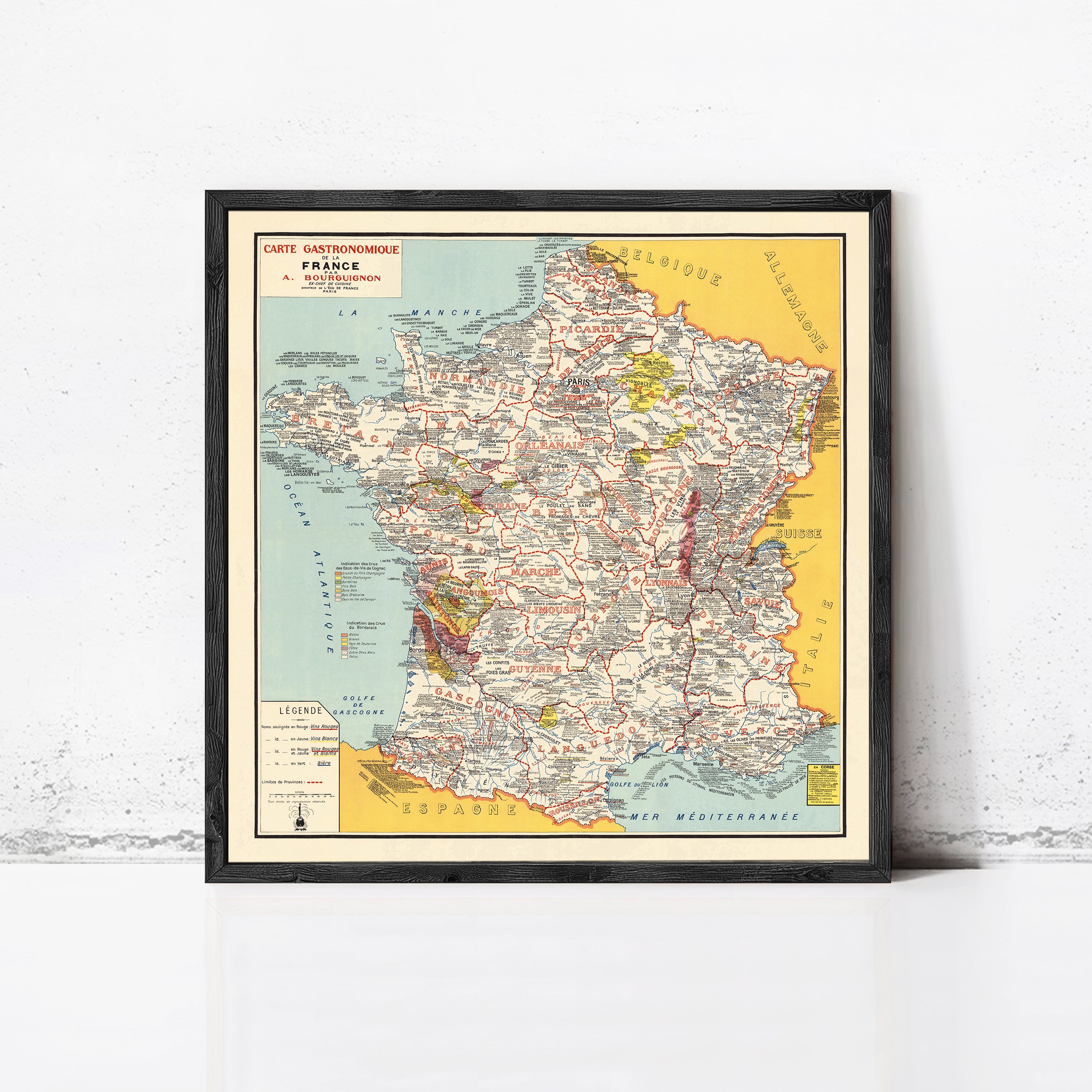 The image is a framed vintage map of France, depicting various regions and landmarks across the country.