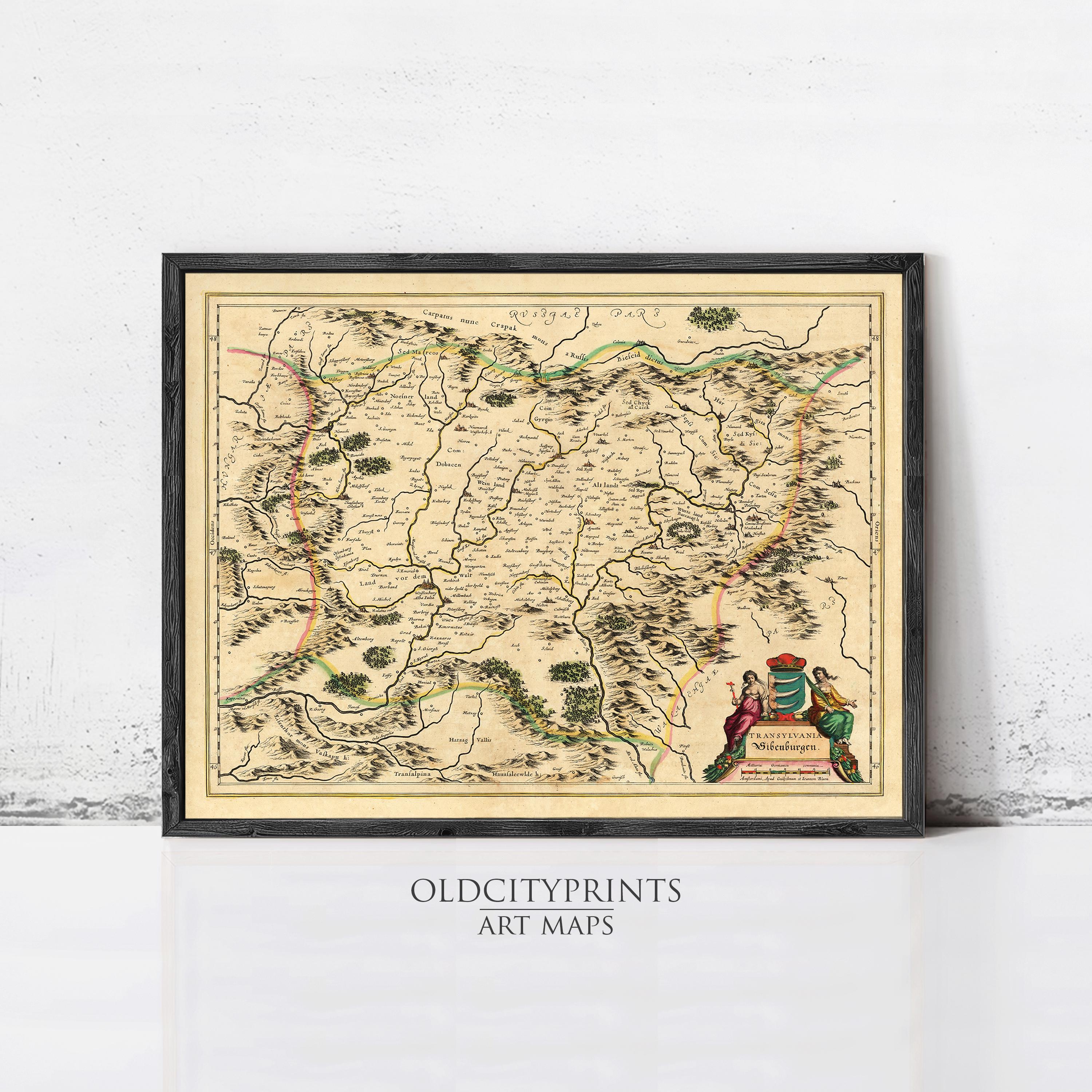 The image is a framed antique map of a region, likely from the 16th century, with detailed cartography and illustrations.