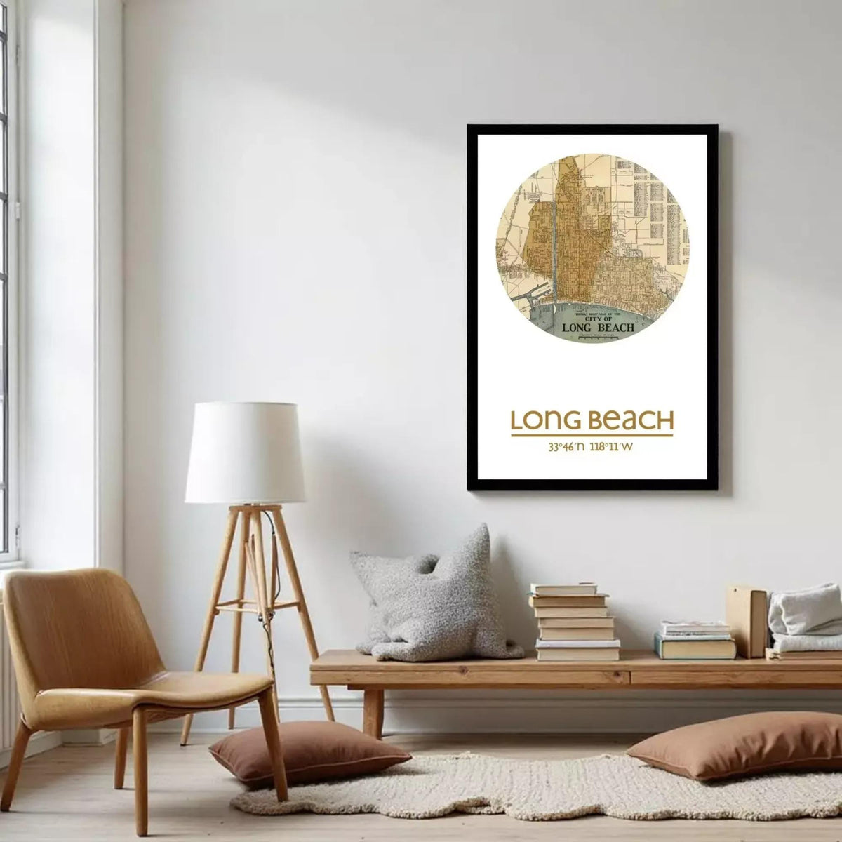 A framed vintage map of Long Beach, California, with the text "LONG BEACH" and the location coordinates "33°46'47" 118°11'W" displayed on the bottom.