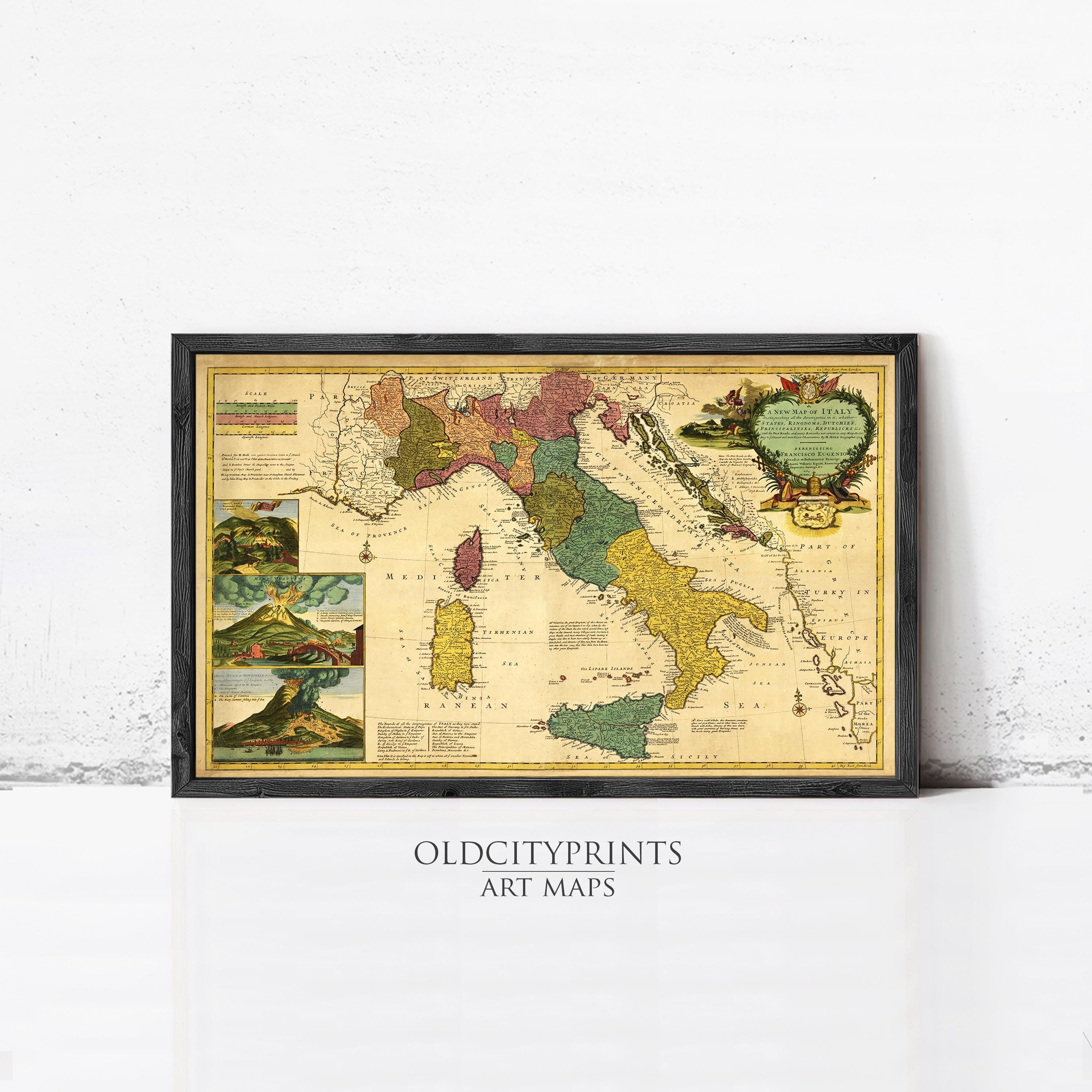 The image is a framed vintage map of Italy, featuring detailed illustrations and labels.