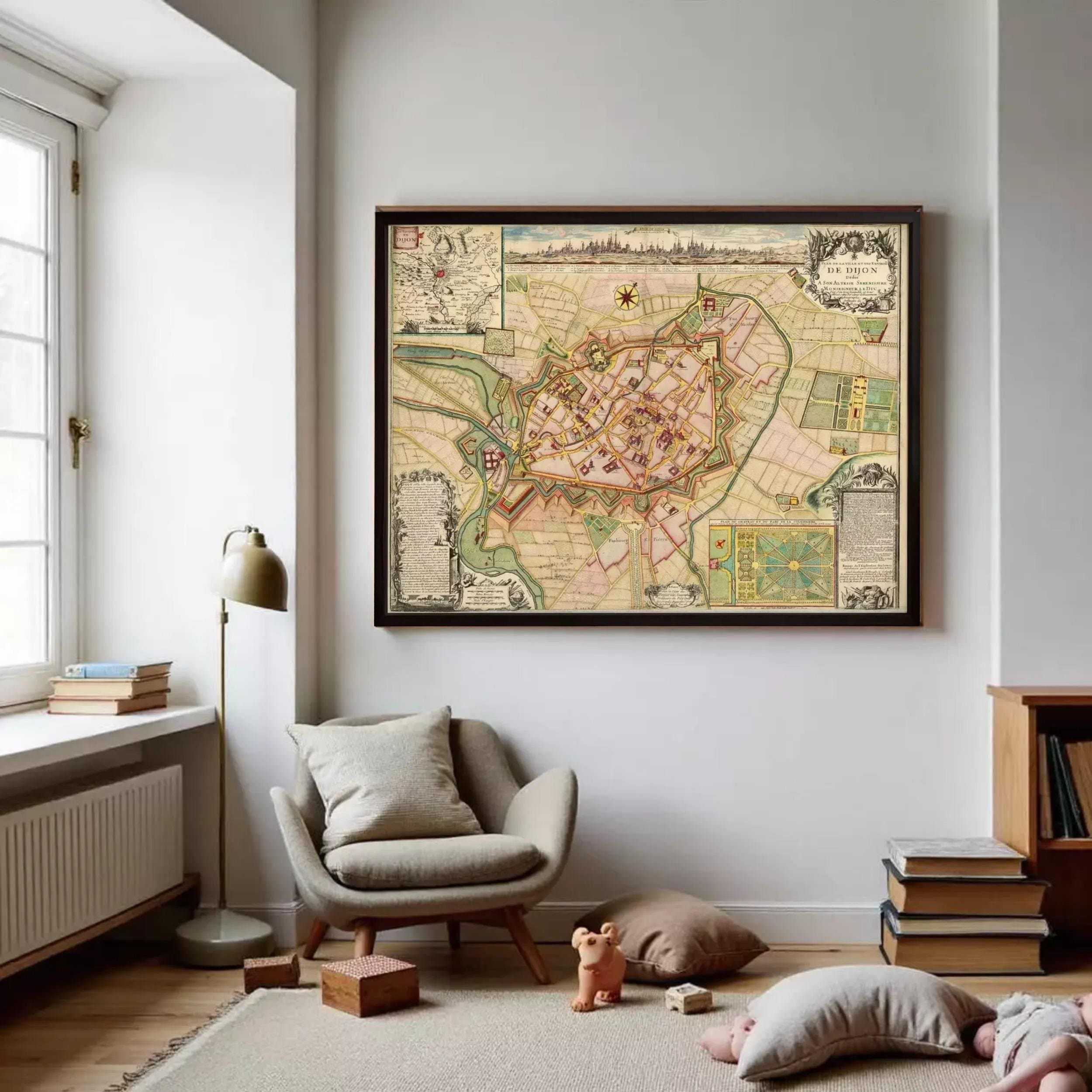 a large framed map of a city hanging on a wall in a cozy living room.
