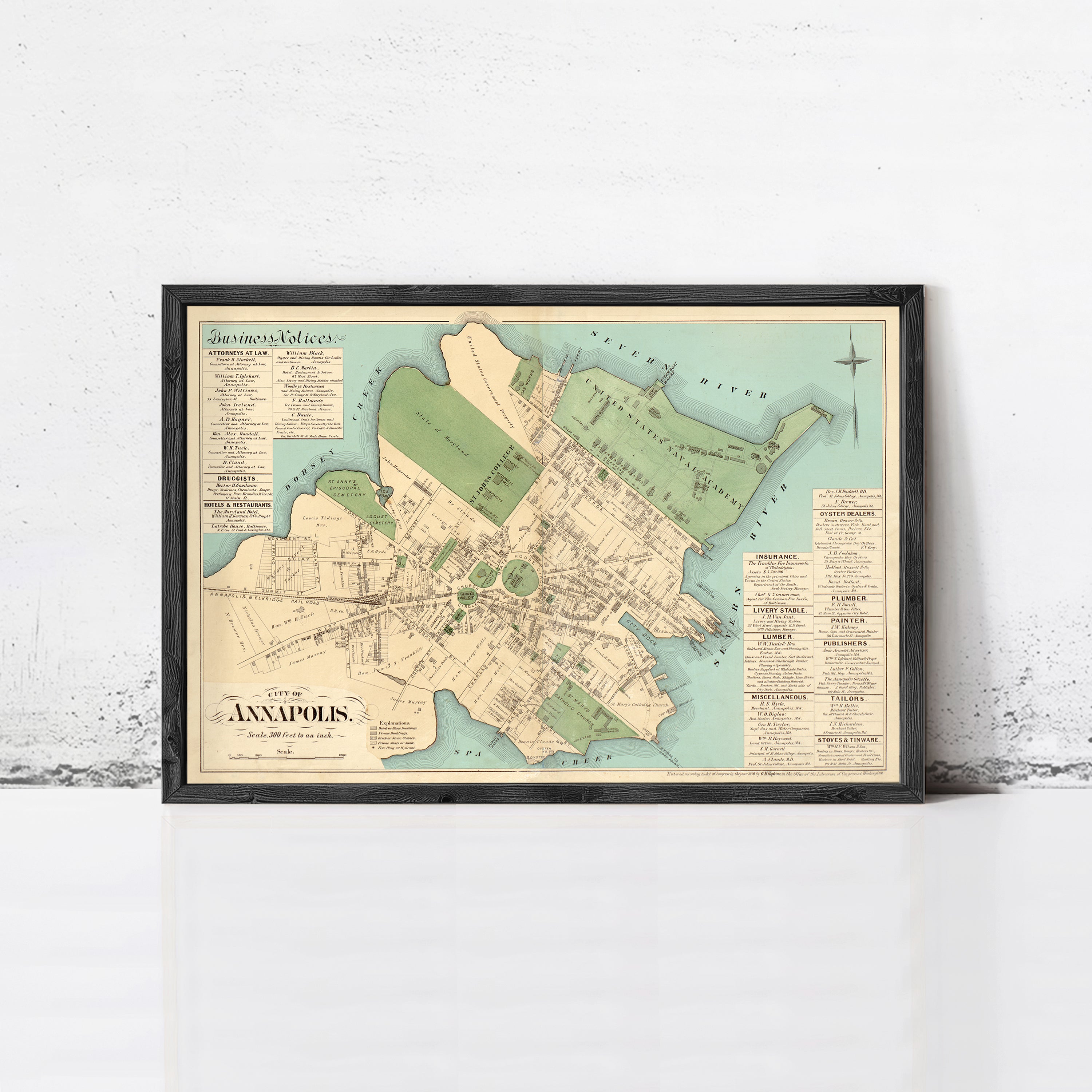 The image is a framed map of Annapolis, Maryland, showing the city's layout and surrounding areas.