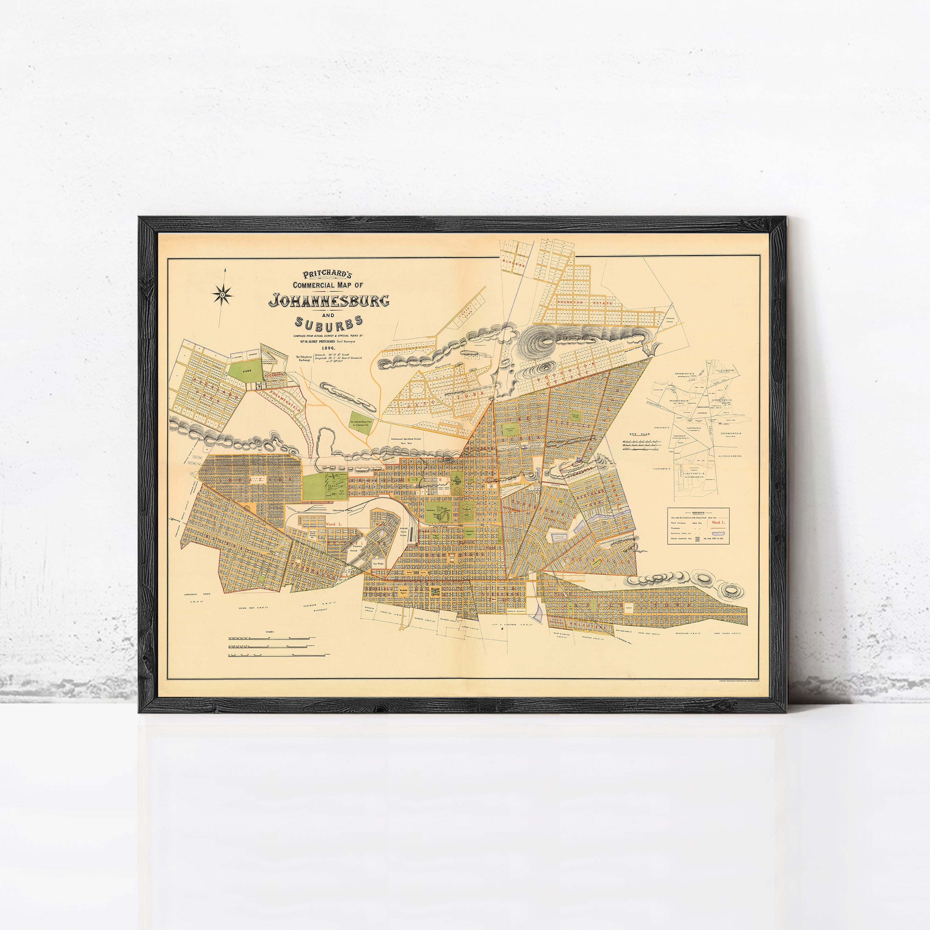 The image is a framed map of Johannesburg, South Africa, depicting the city's layout and surrounding areas.
