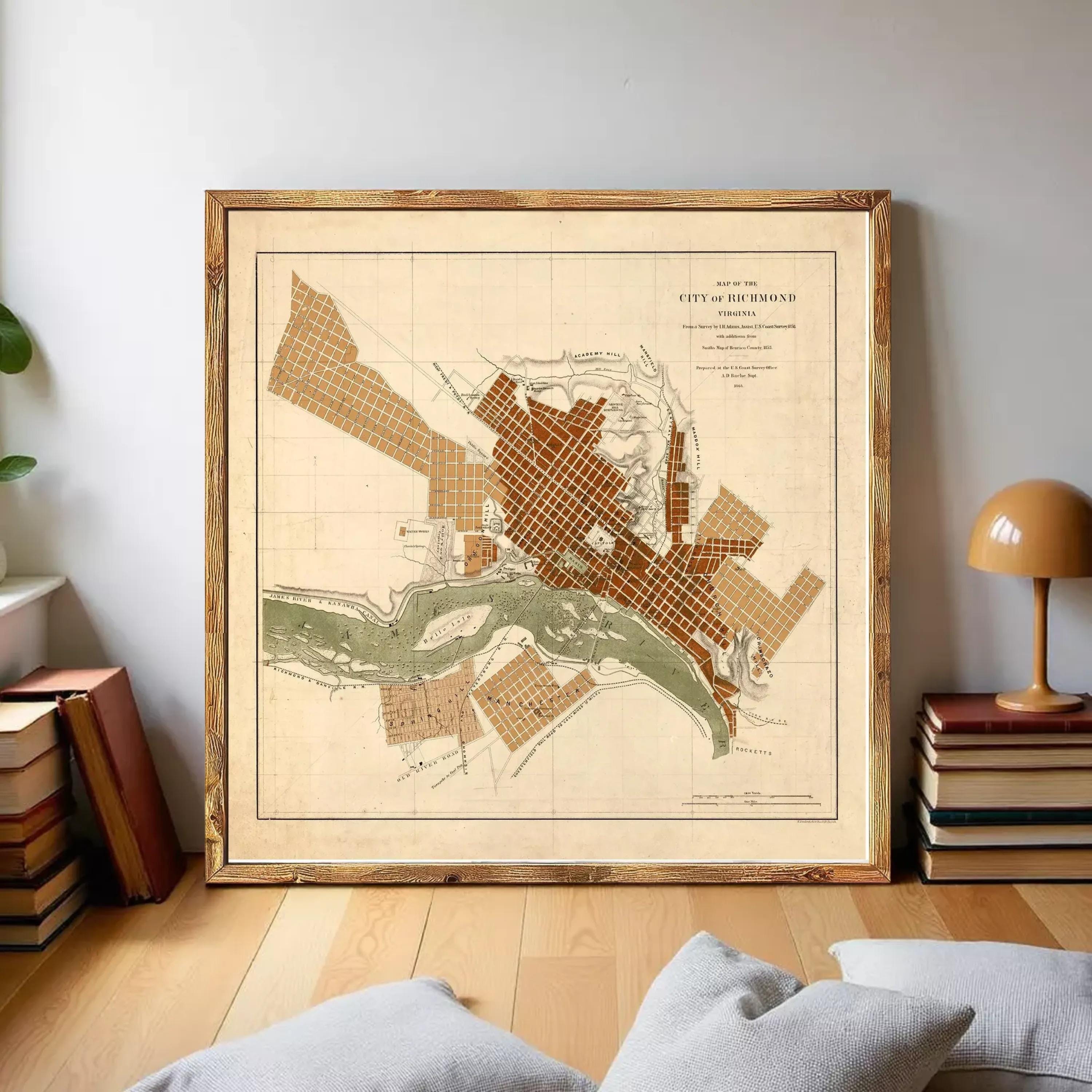 The image is a framed map of the city of Richmond, Virginia, depicting the city's layout and surrounding areas.