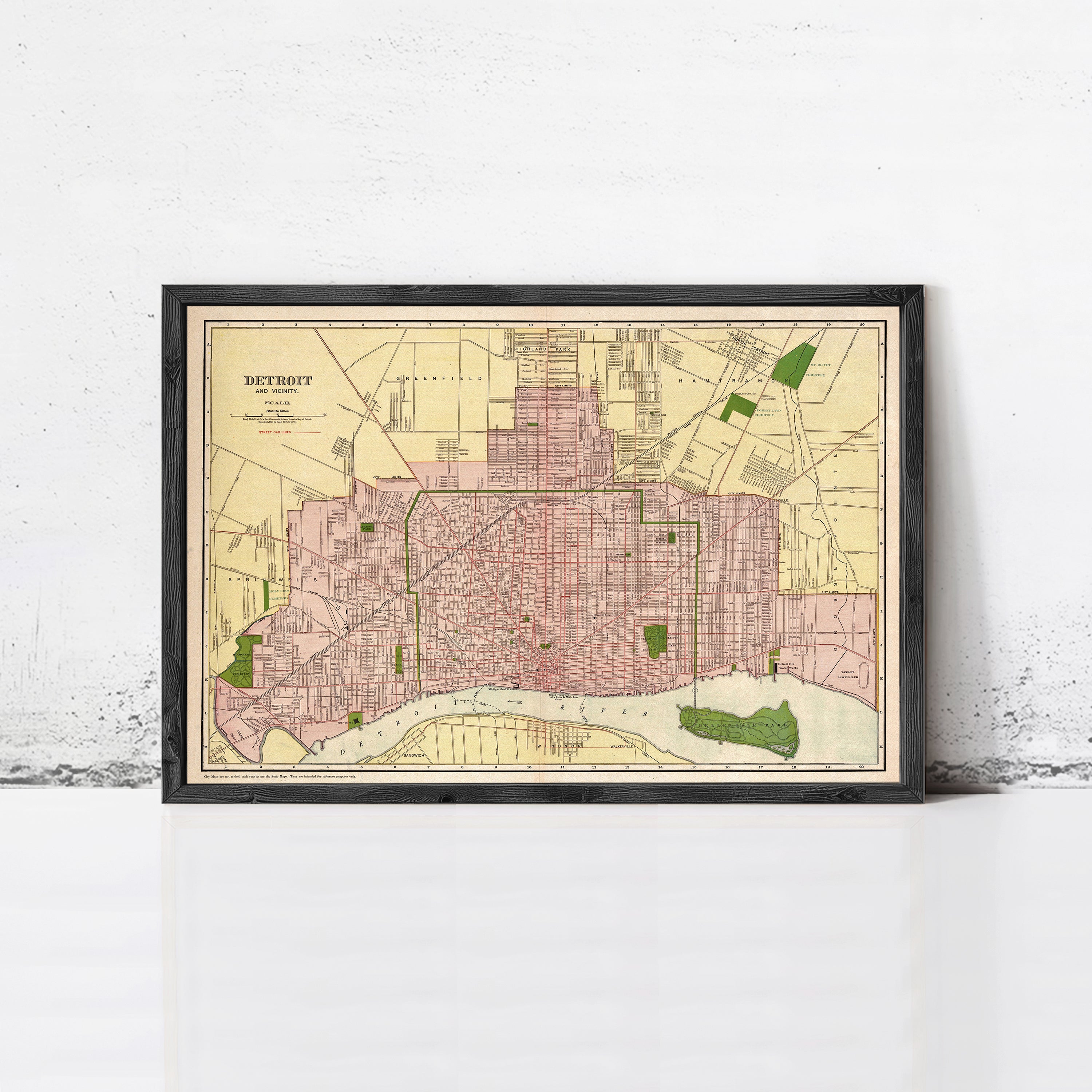 The image is a framed map of Detroit, Michigan, showing the city's streets, neighborhoods, and surrounding areas.