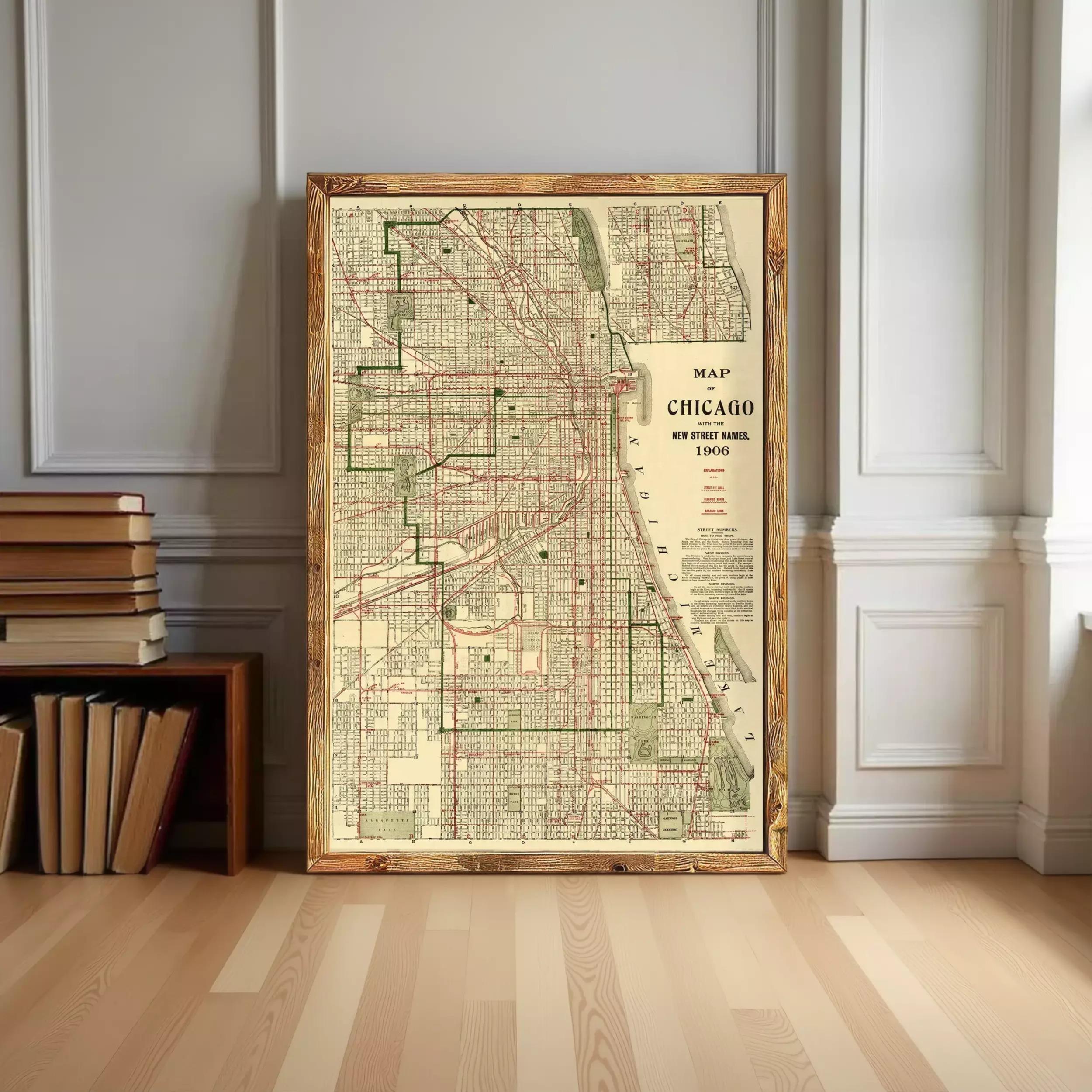 a large framed map of Chicago, Illinois, with a vintage style and a wooden frame.