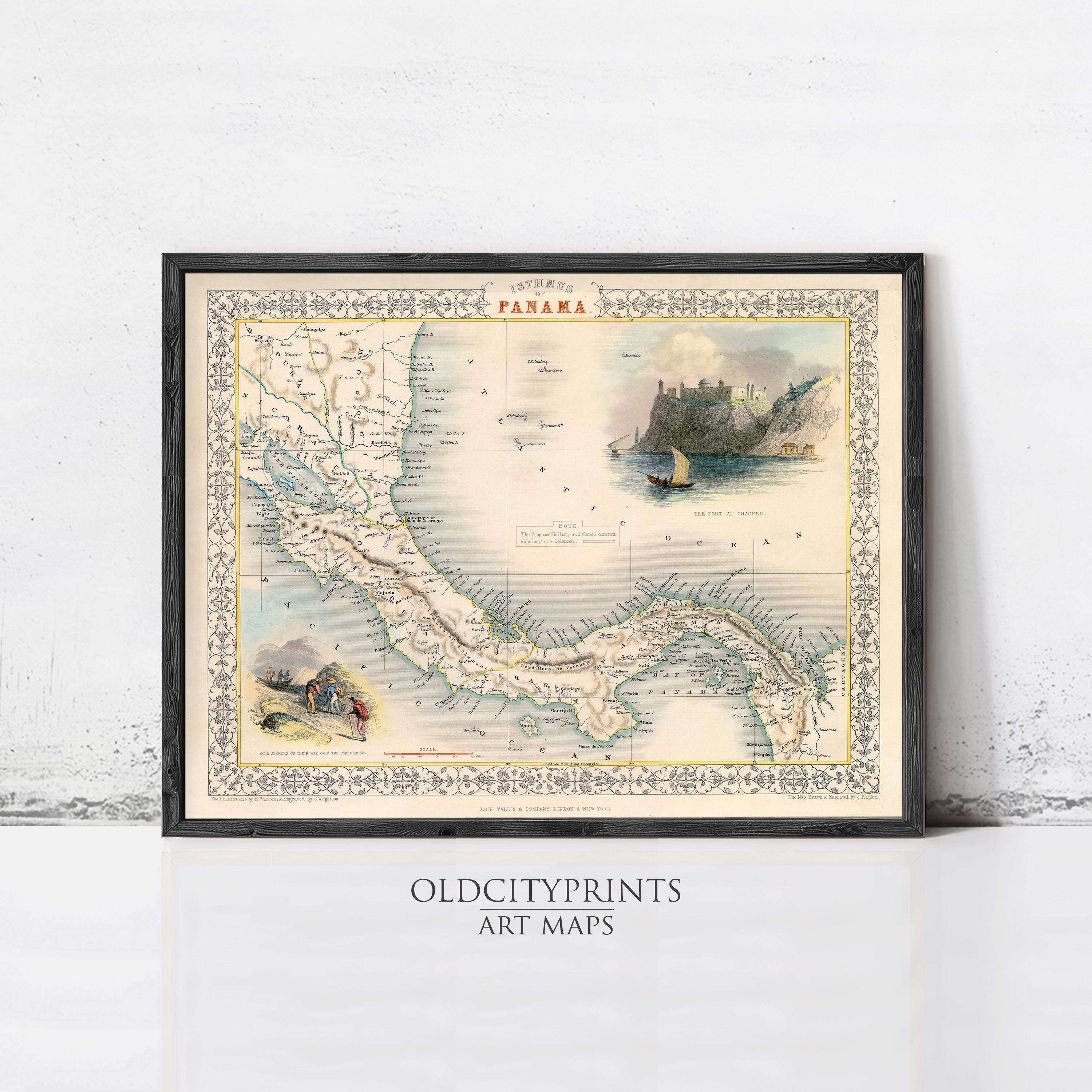 The image is a framed vintage map of Panama, featuring various landmarks and geographical features.