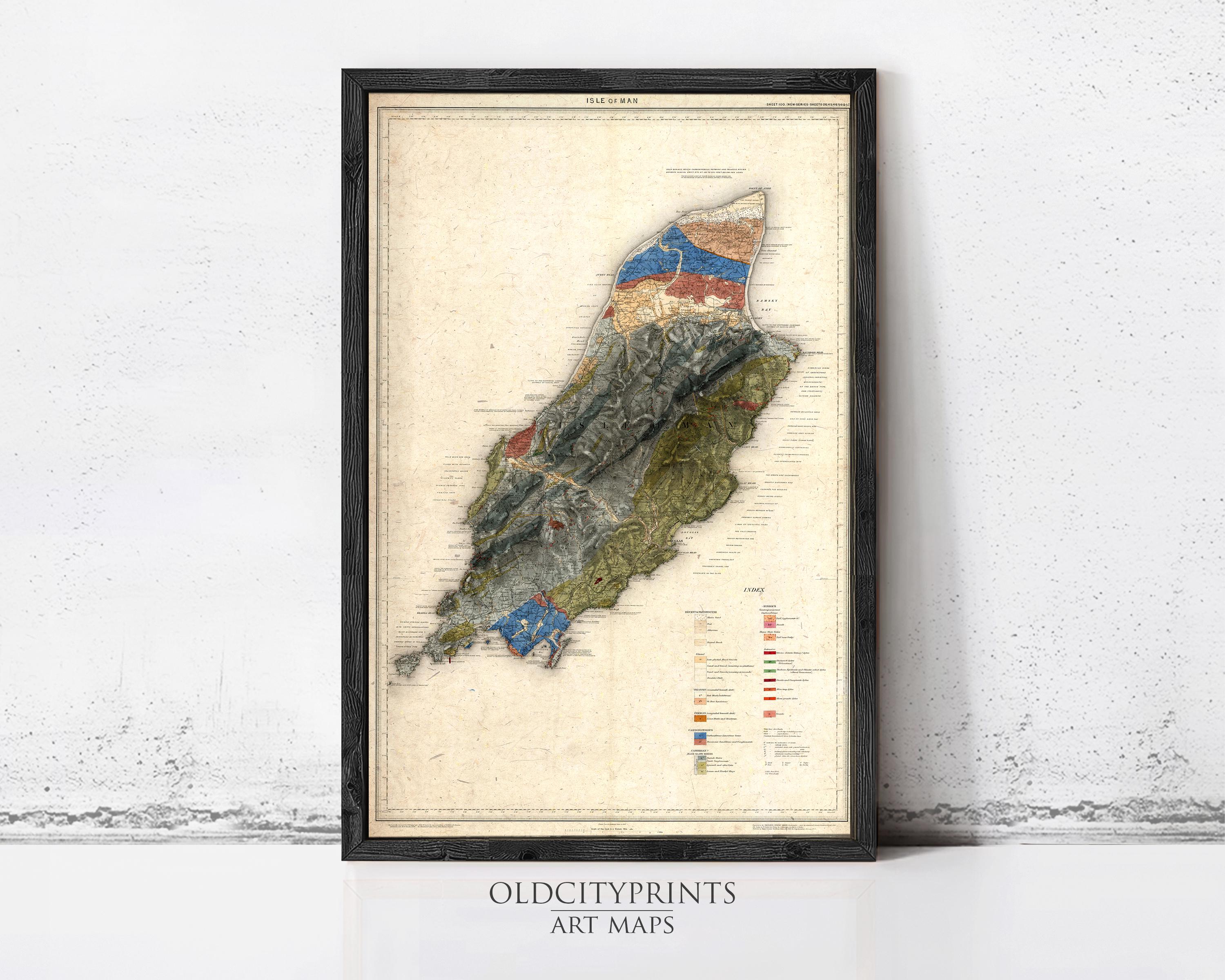 The image is a framed vintage map of a region, likely a country or state, with various colored sections representing different geographical features or zones.