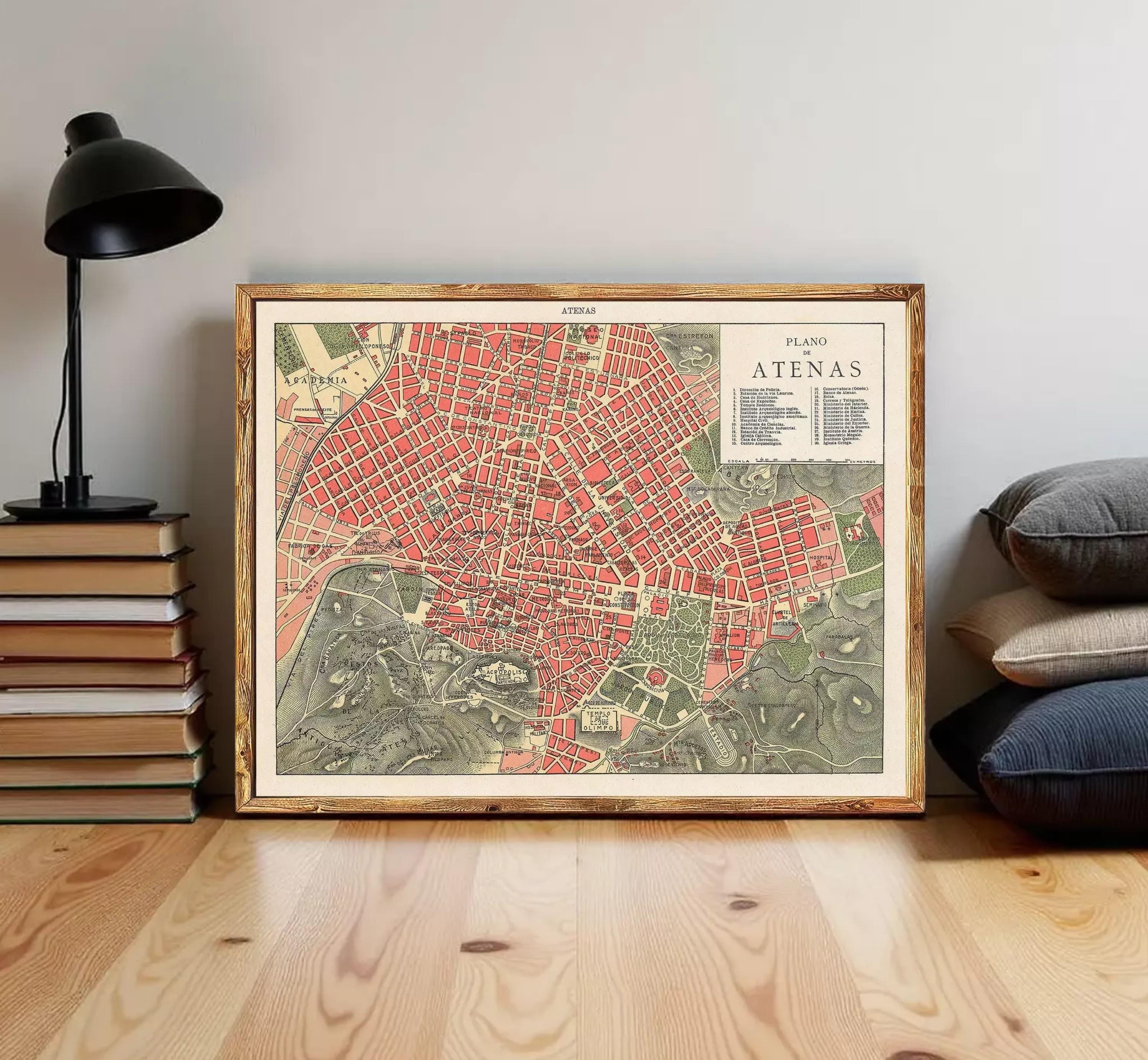 The image is a framed vintage map of the city of Athens, Greece, depicting the city's layout and surrounding areas.