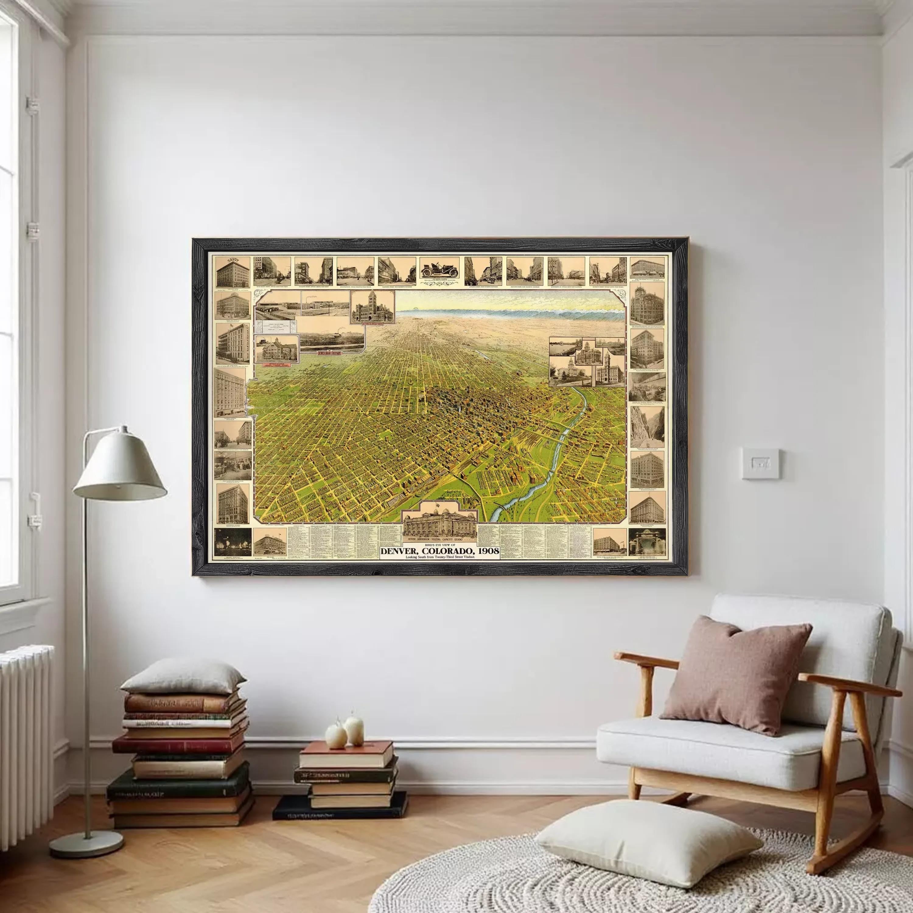 The image is a framed vintage map of Denver, Colorado, from 1958.