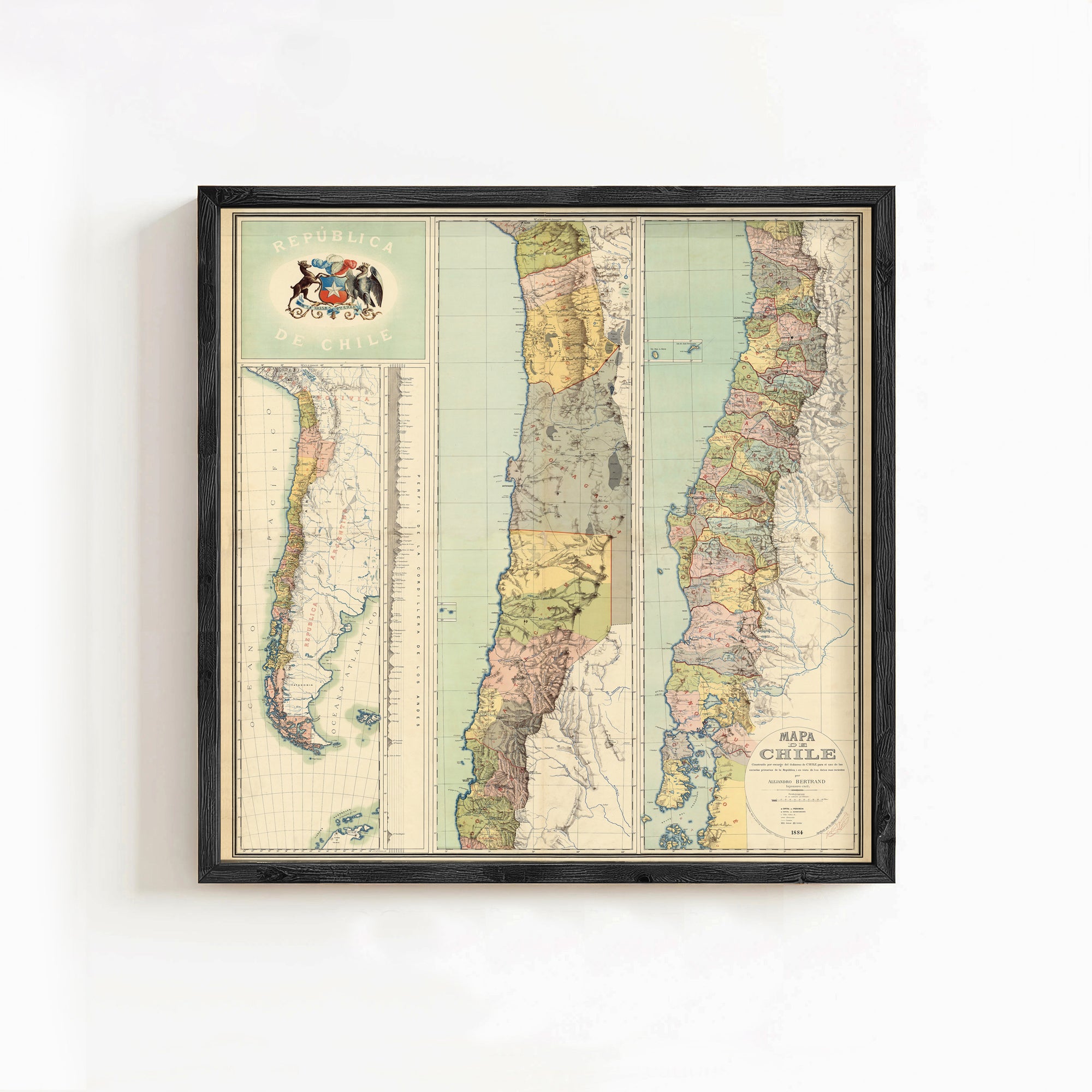 The image is a framed vintage map of Chile, depicting the country's geographical layout and boundaries.
