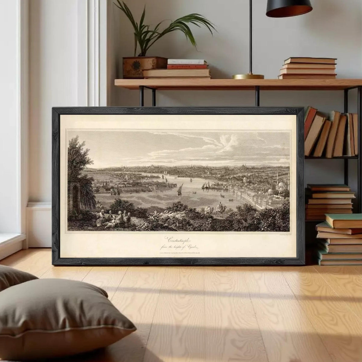 The image is a framed print depicting a cityscape with boats in the water, set against a cloudy sky.