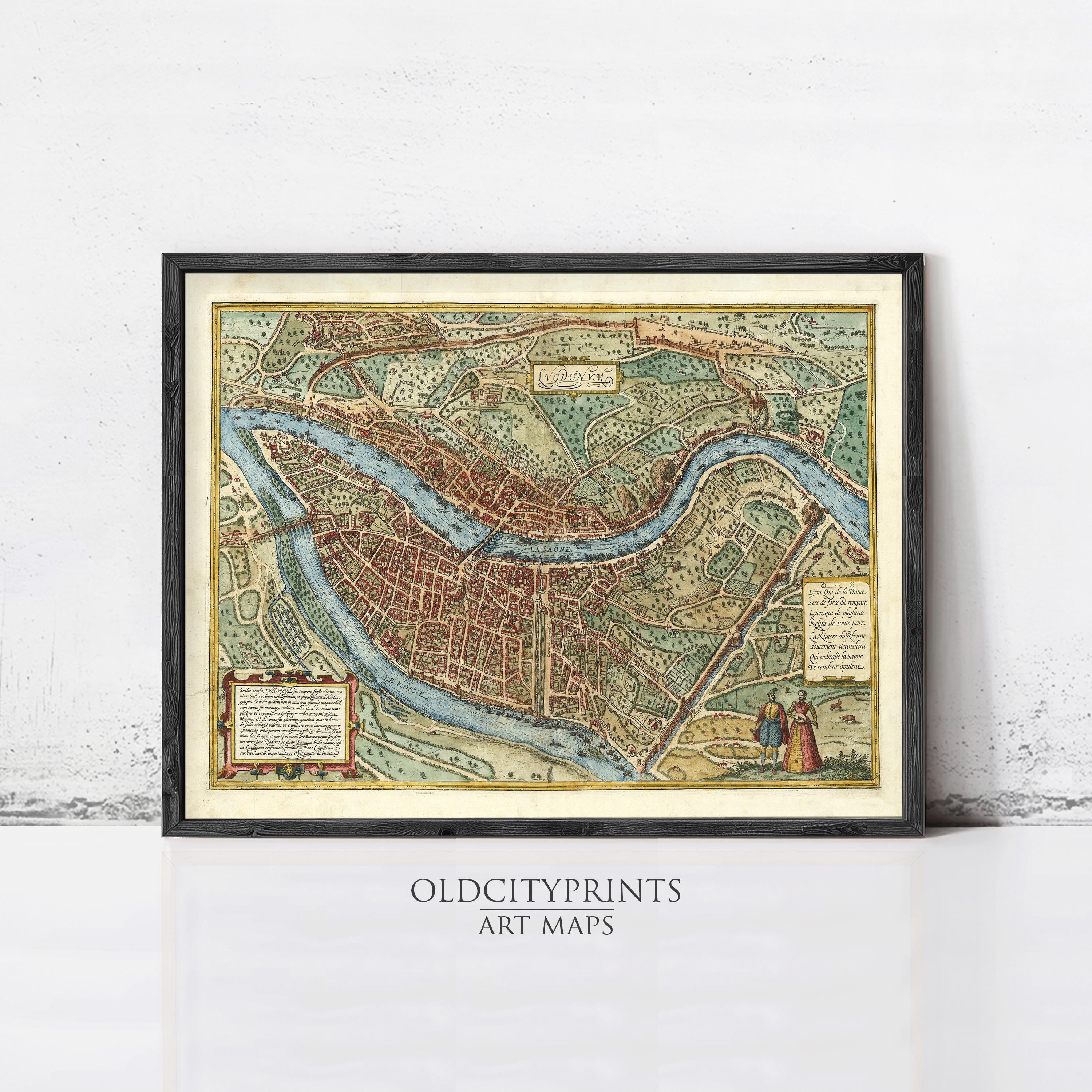 The image is a framed antique map of a city, likely from the 16th century, with detailed illustrations and labels.