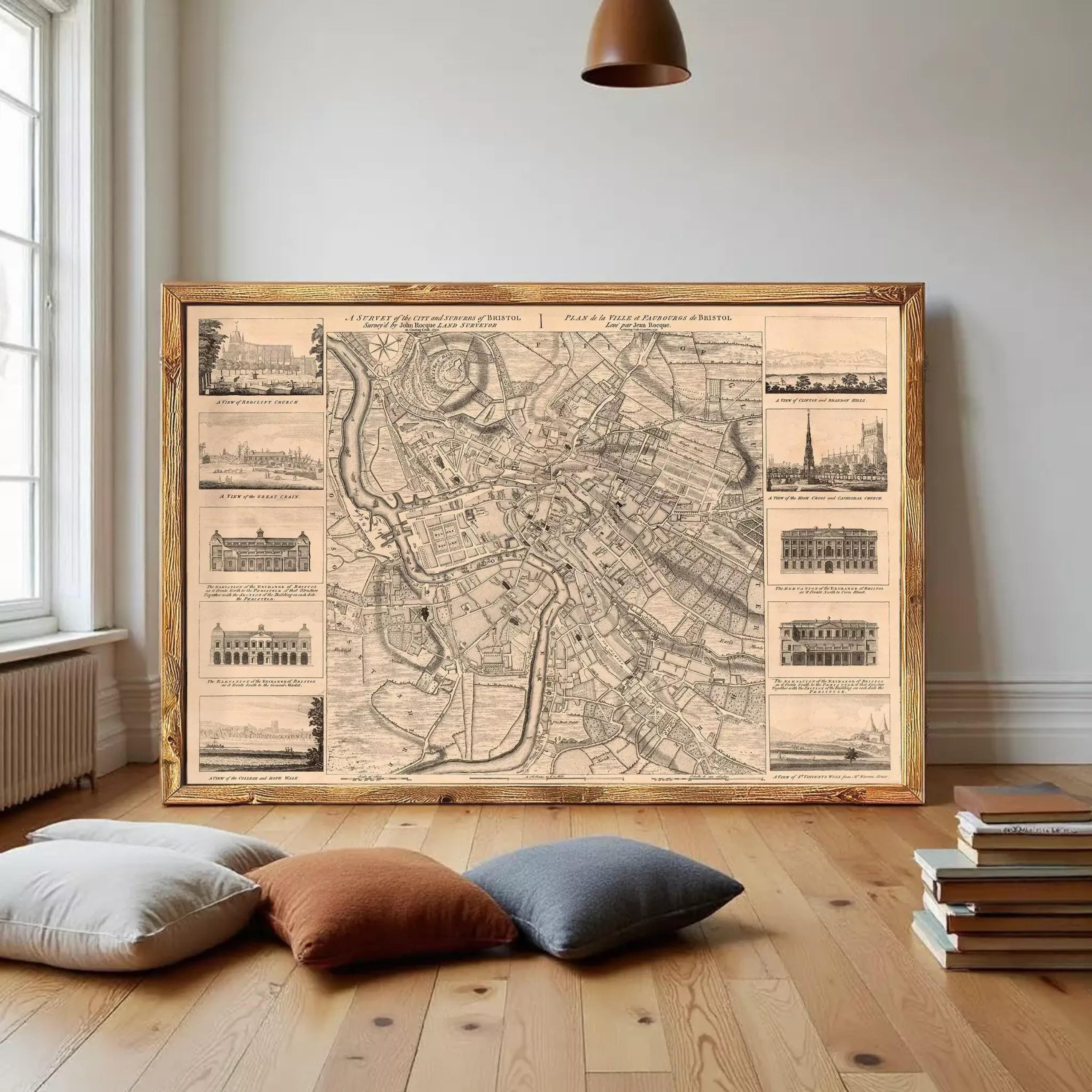 The image is a framed vintage map of a city, featuring various buildings and landmarks.