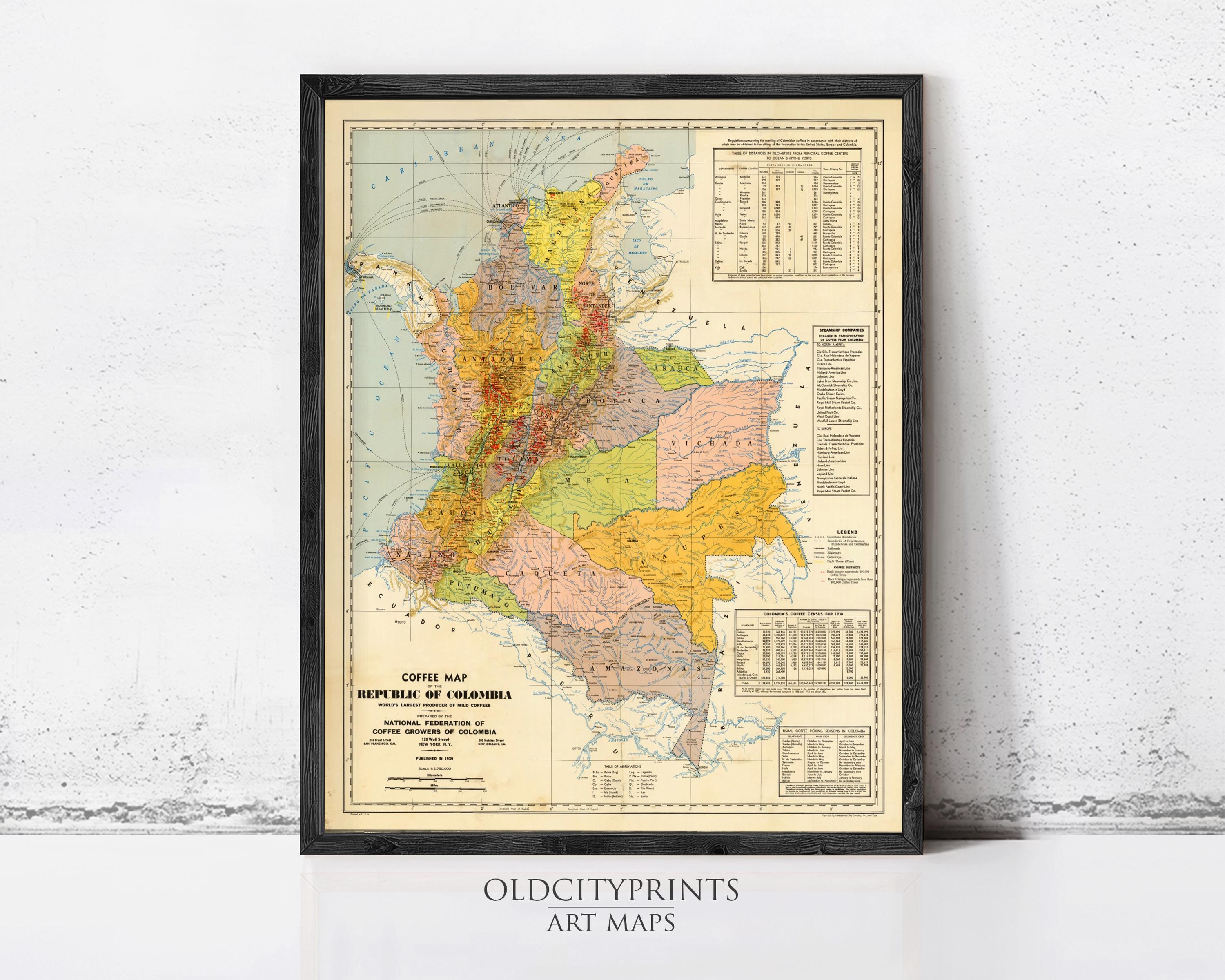 The image is a framed vintage map of the Republic of Colombia, depicting the country's geographical layout and boundaries.