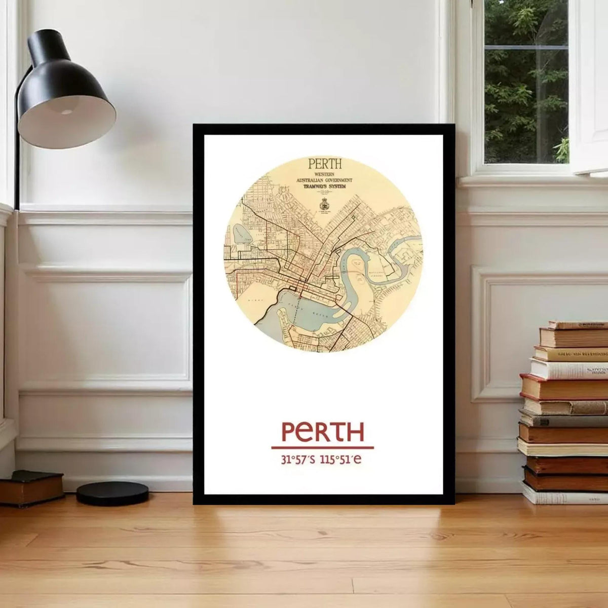 A framed map of Perth, Australia, with the city's name and location prominently displayed.