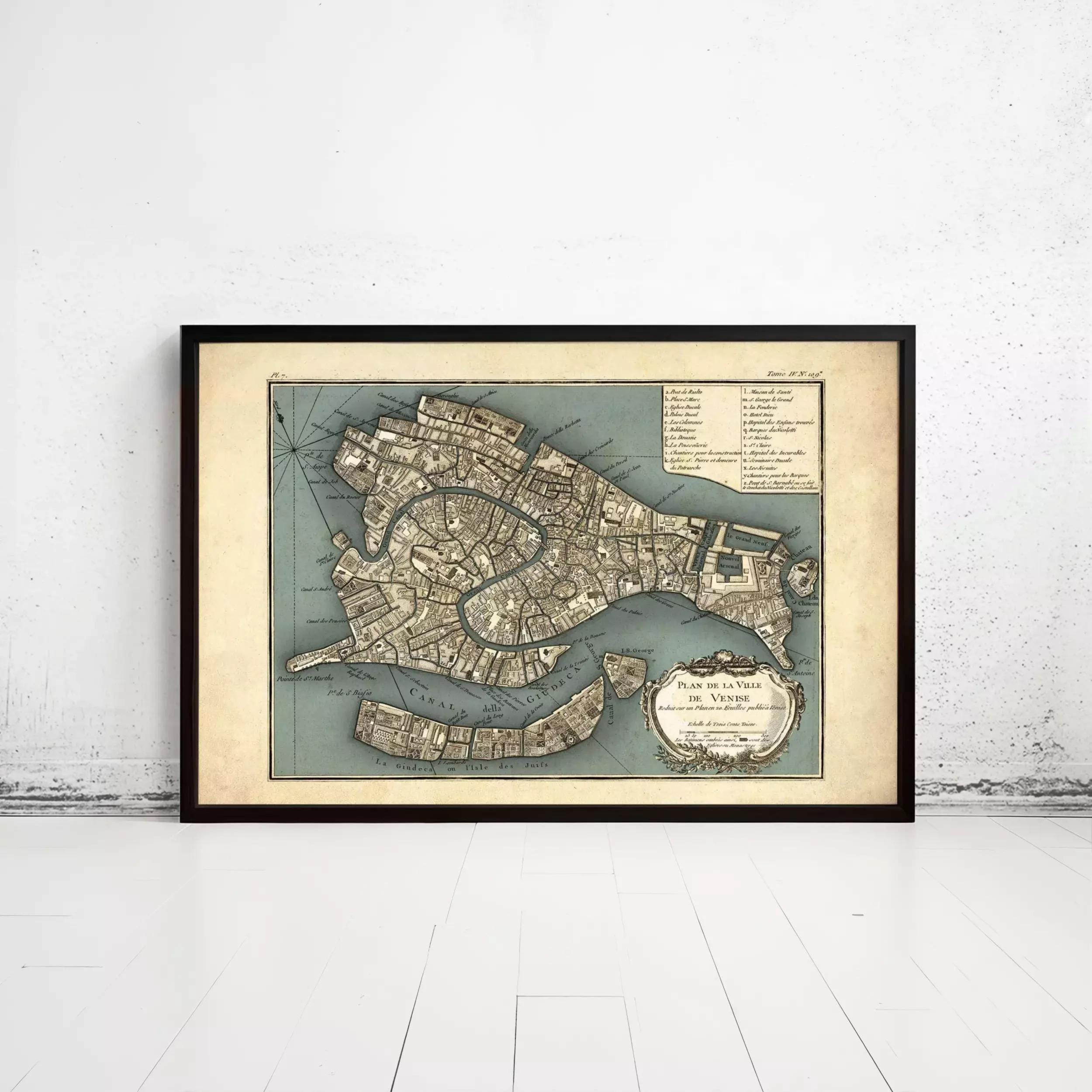 The image is a framed vintage map of Venice, Italy, depicting the city's layout and waterways.