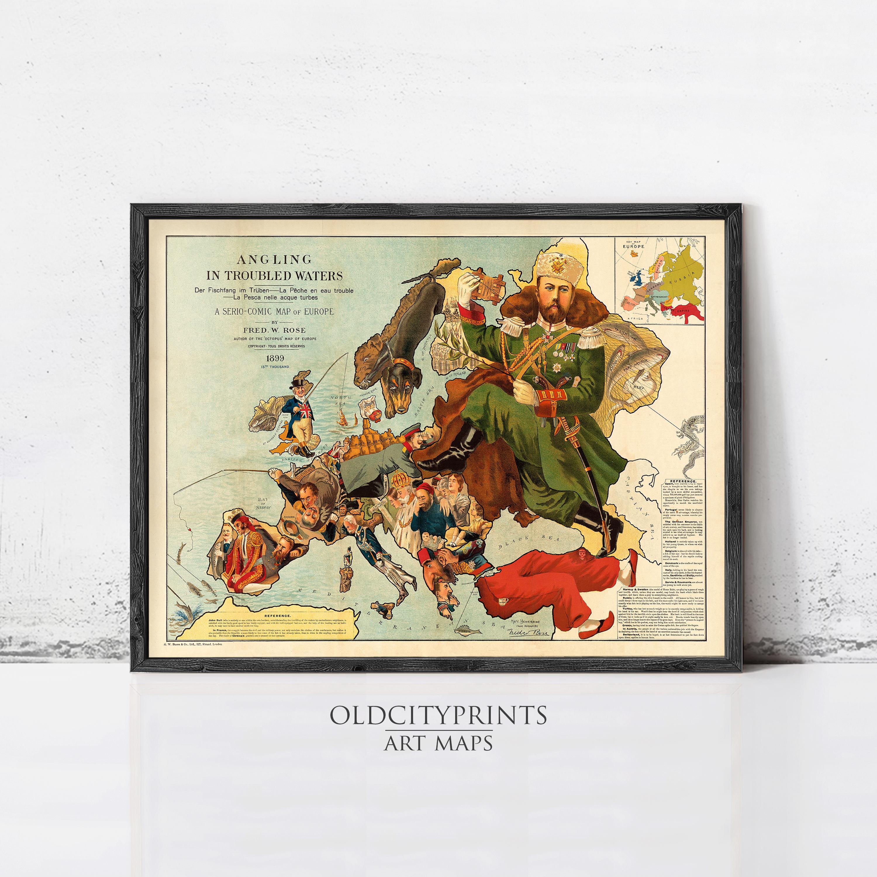 The image is a framed vintage map depicting a man in military uniform, surrounded by various figures, including a horse and carriage, on a map of Europe.
