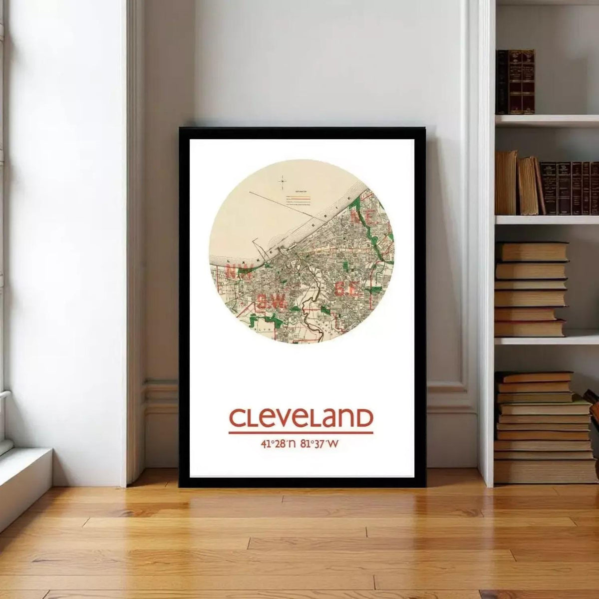 A framed map of Cleveland, Ohio, with the city's location and surrounding area depicted.